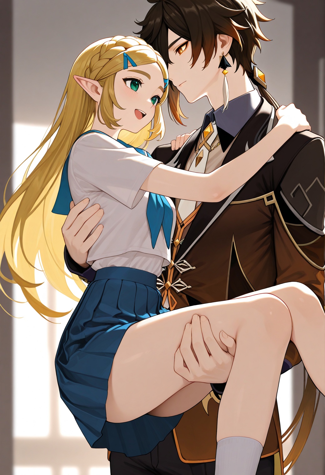 masterpiece,best quality,amazing quality,very aesthetic,absurdres,newest,1girl,princess zelda,the legend of zelda,school uniform,1boy,zhongli \(genshin impact\),genshin impact,boy picks up girl,girls happy,princess_carry,