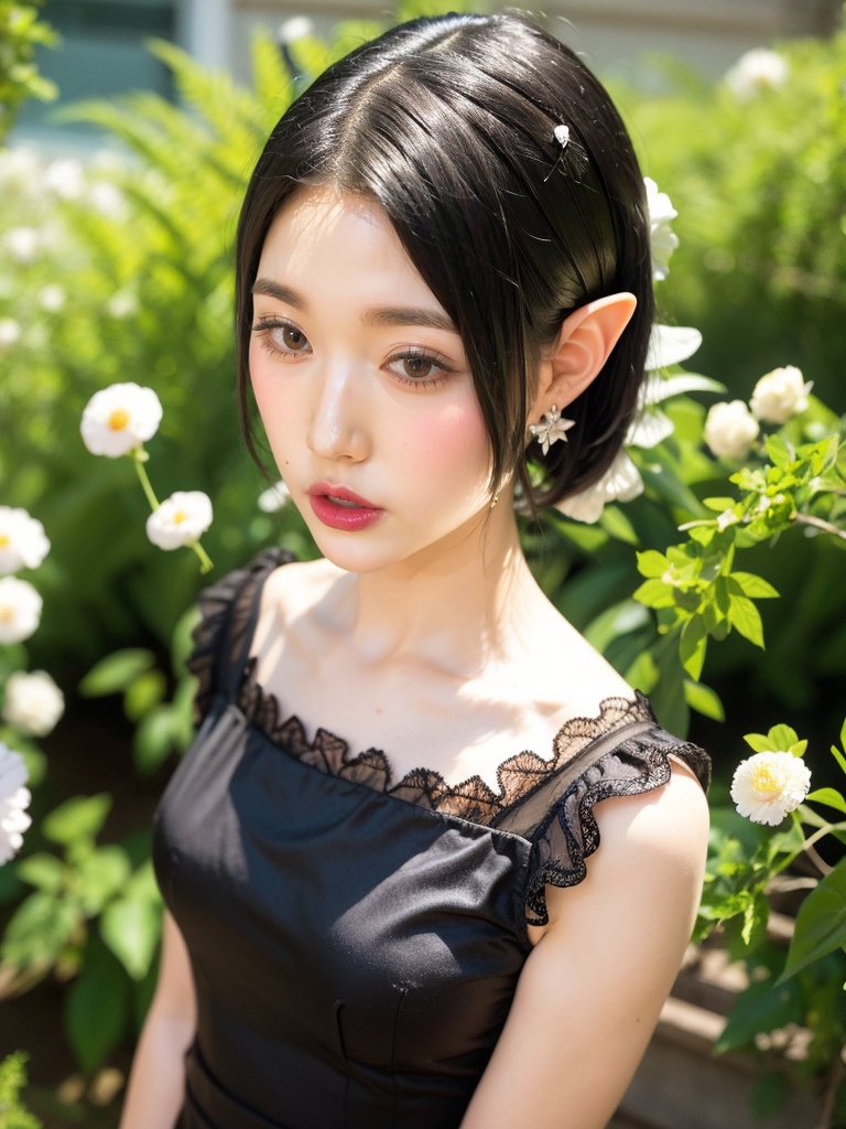 1girl, solo, black hair, short hair, jewelry, realistic, earrings, hair ornament, black eyes, lips, collarbone, parted lips, flower, watermark, upper body, portrait, hair flower, dress, web address, looking awayirt, elf,