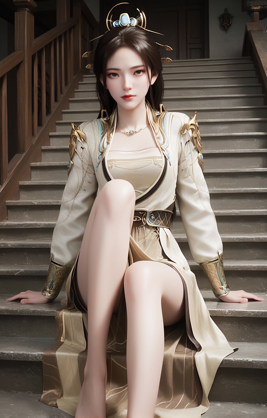 score_9,score_8_up,score_7_up,break.,1girl,solo,high quality,brown eyes,hair ornament,realistic,sitting on stairs,Looking from bottom to top,looking at viewer,(pale skin),g,1girl,solo,long hair,blush,dynamic pose,<lora:wy_yaoxi_XL7.0:0.8>,black hair,brown eyes,