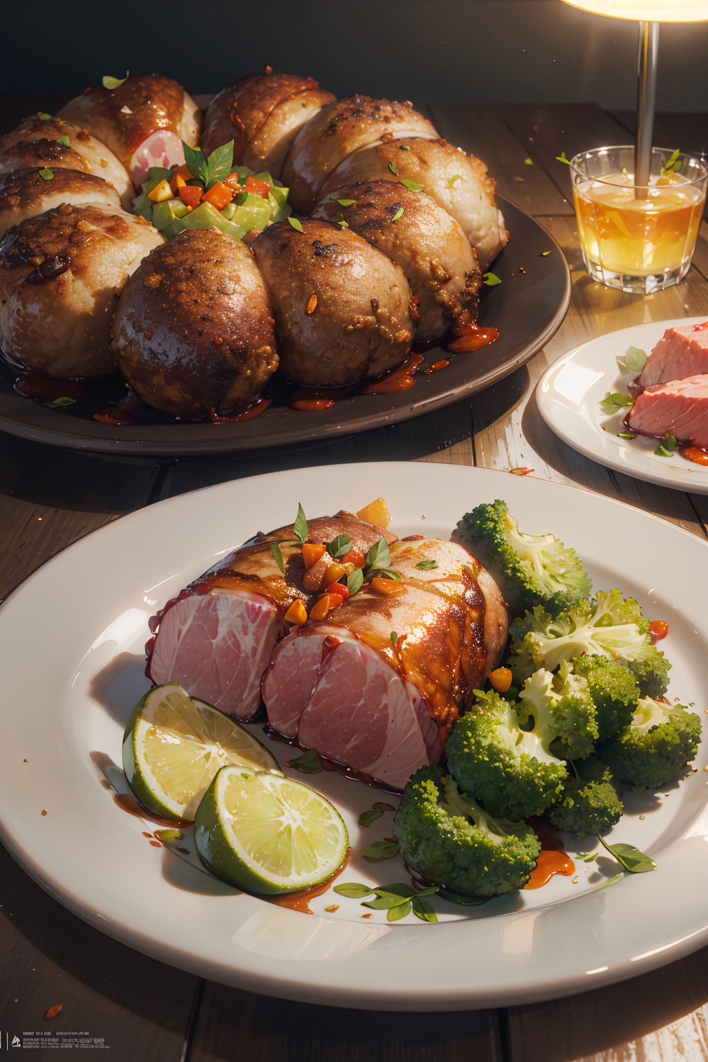 masterpiece,best quality,(ray tracing,cinematic lighting),realistic,close-up,still life,no humans,food,meat,leaf,vegetable,plate