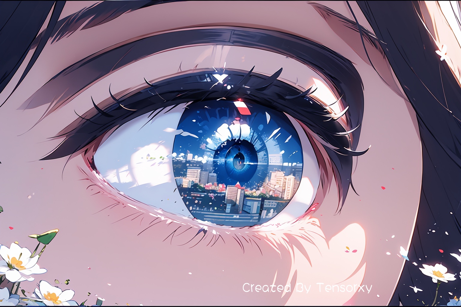 1girl, solo, looking_at_viewer, bangs, blue_eyes, black_hair, 1boy, flower, blurry, english_text, eyelashes, letterboxed, building, close-up, reflection, city, cityscape, eye_focus