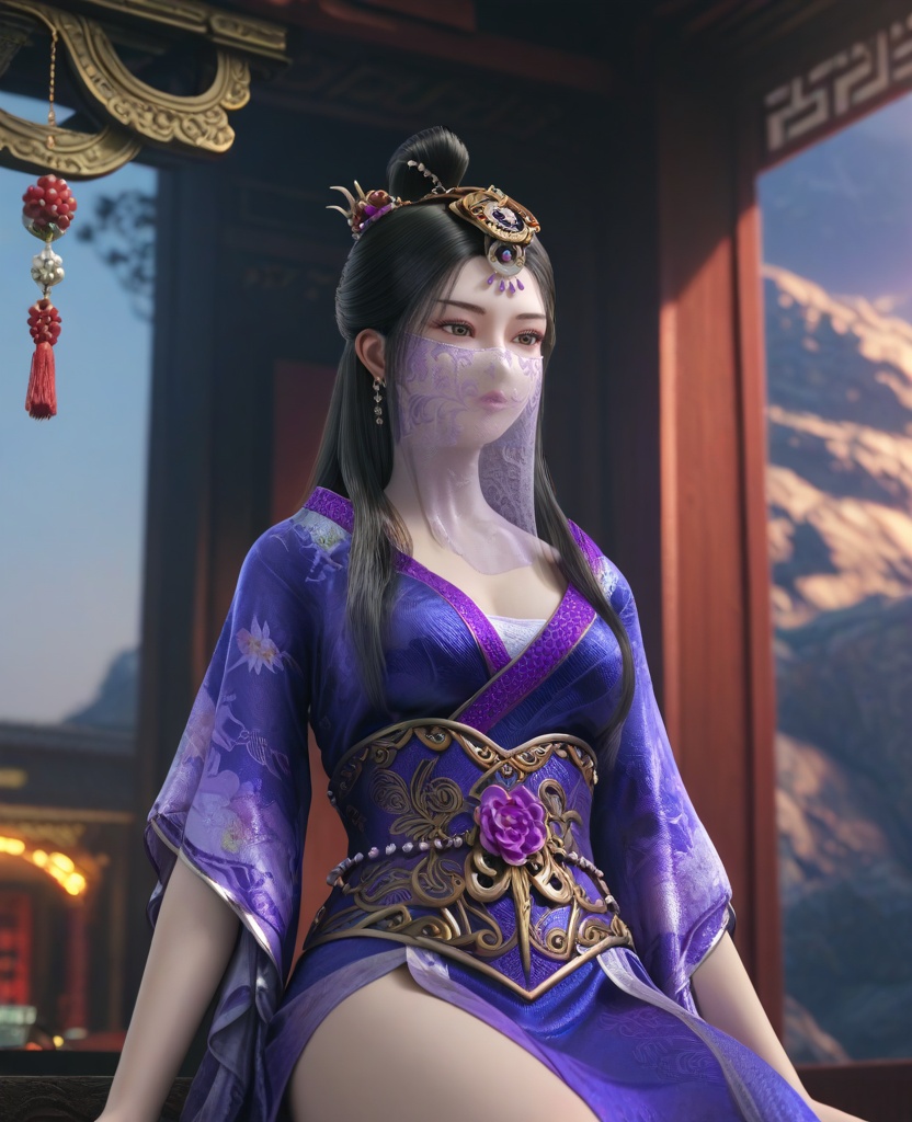 (oriental architecture, elegant decor, sophisticated style:1.1),(Sitting, legs outstretched, leaning back on hands,:1.1),(breasts:1.2),<lora:XL16墓王之王圣女神差沐雪离:0.95>,miss muxueli,blue violet dress,mouth veil,brown eyes,black hair,long hair,single hair bun,hair ornament,hanging hair,floral print,sash,, score_9,score_8_up,score_7_up,score_6_up,score_5_up,score_4_up,3d rendering,tag1,tag2, Cinematic Lighting,backlighting,
