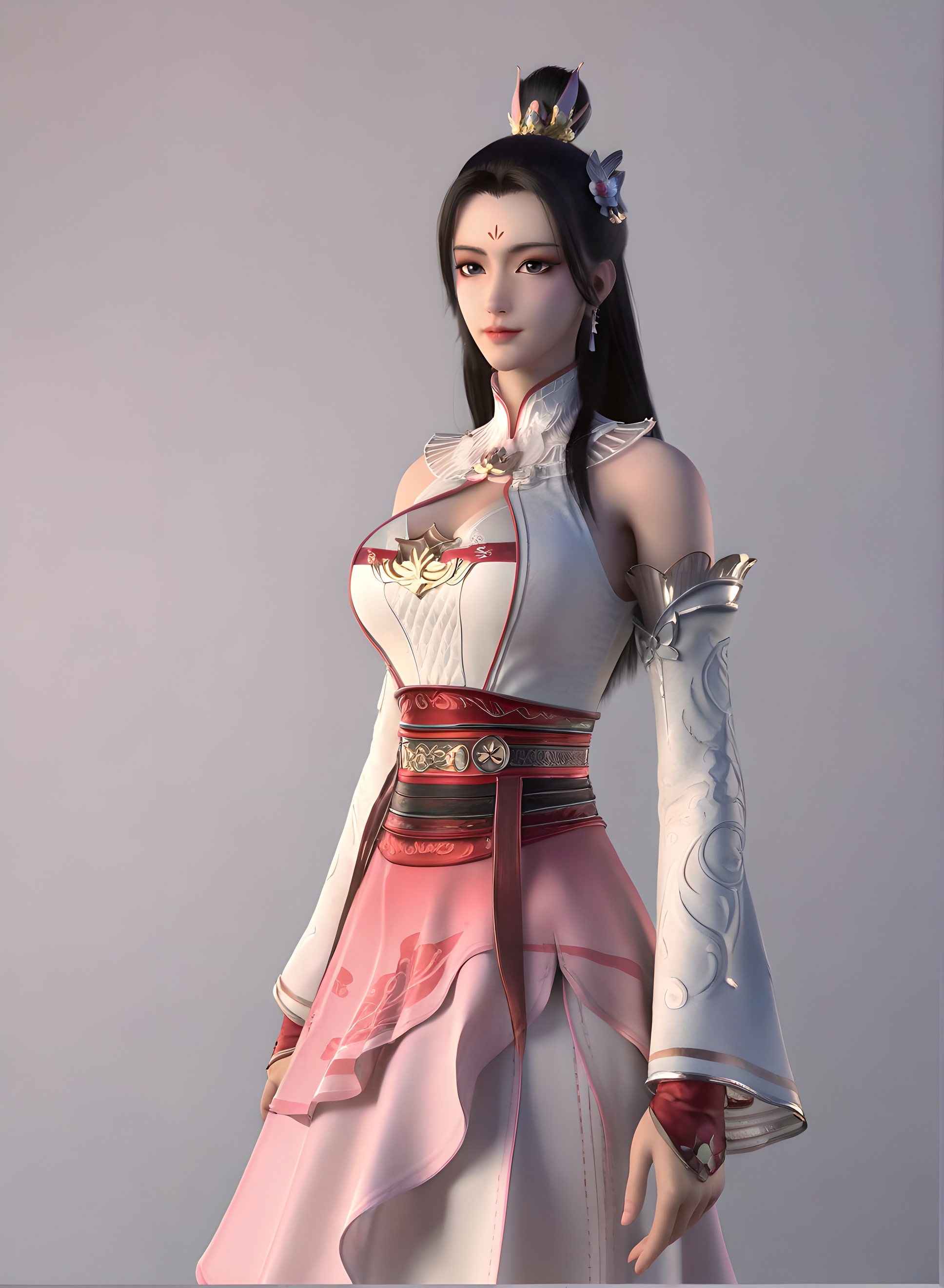 fair_skin,white_skin,Ivory_skin,score_9,<lora:SF_BaiHeiHuai_Pony_Realism-000003:0.7>,hair ornament,dress,black hair,1girl,breasts,large breasts,standing,long sleeves,detached sleeves,facial mark,forehead mark,pink skirt,solo,looking at viewer,simple background,