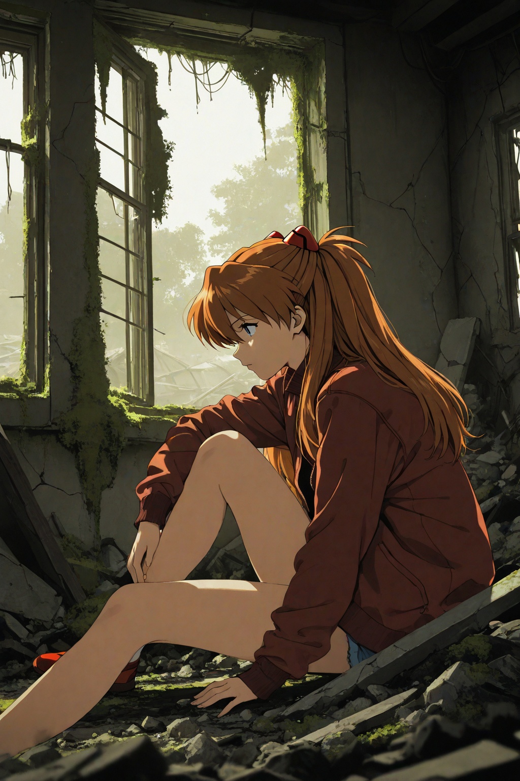 masterpiece,best quality,amazing quality,very aesthetic,absurdres,newest,highres,knva,retro artstyle,bloom,high contrast,detailed texture,souryuu asuka langley,1girl,solo,low light,jacket,upper body,rubble_ruins,moss,window,the sun shines through the window,ray tracing,from side,sitting on the ground by the window,