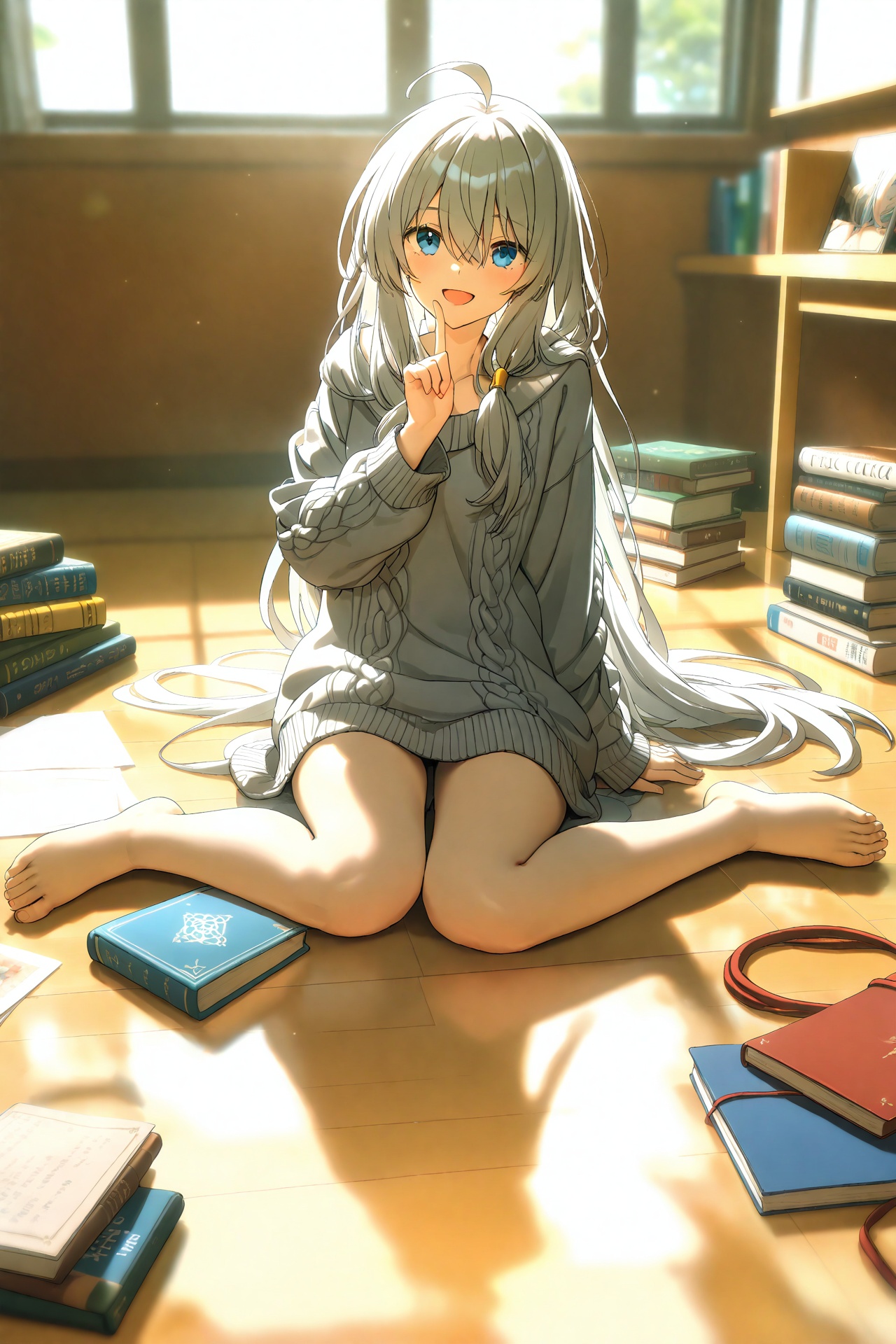 masterpiece,best quality,illustration,ultra detailed,hdr,Depth of field,(colorful),PVC Style,Realism,1girl,long hair,elaina (majo no tabitabi),solo,barefoot,ahoge,sweater,sitting,looking at viewer,smile,indoors,wariza,blue eyes,blurry,open mouth,book,grey hair,blurry background,bare legs,long sleeves,reflection,feet,hair between eyes,window,grey sweater,index finger raised,cable knit,aran sweater,:d,toes,legs,artist name,full body,very long hair,soles,