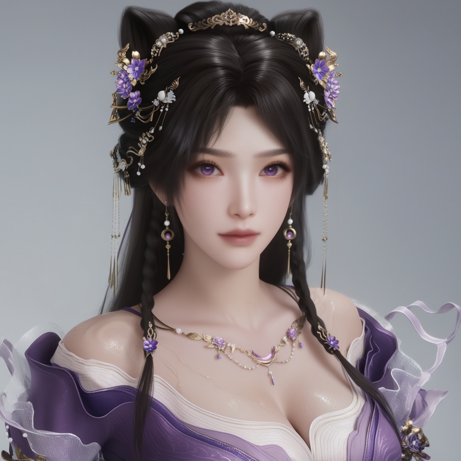 (score_9),1girl,solo,<lora:姬紫月-Apony:0.85>,jiziyue,jewelry,hair ornament,black hair,hair flower,long hair,double bun,braid,earrings,off-shoulder dress,purple dress,necklace,purple eyes,collarbone,cleavage,large breasts,BREAKsolo focus,upper body,front view,<lora:e肤色滑块:0.6>,(white_skin),(sweaty skin),(light_skin),very sweaty,sweatdrop,BREAKsimple background,white background,