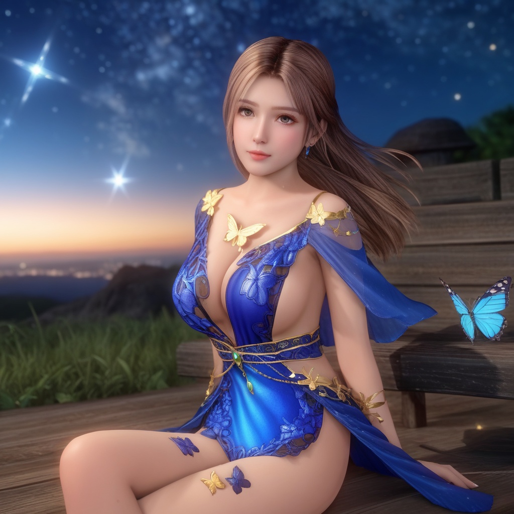 <lora:847-DA-XL-死或生-Elise-BirthdaySuit-20220903:0.8>, (,1girl, ,best quality, ),,  ,ultra realistic 8k cg, ,masterpiece, (( , )),,  fiction,mole, , ,      ,, 1girl,butterfly sitting,  night, star_\(sky\)(cleavage),,