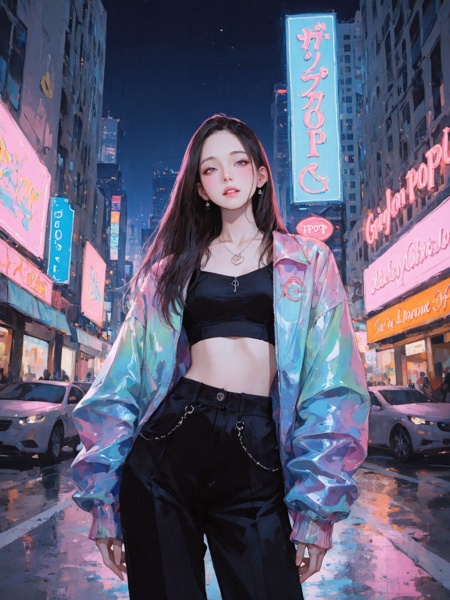 masterpiece, very awa, very aesthetic, newest,best quality, amazing quality, delicate,minimalism, ethereal atmosphere, nostalgic, city pop,dynamic angle, dynamic pose, detailed background, night, facade, neon sign, billboard, busy streets,holographic iridescent jacket, croptop, black hotpants,a girl, gorgeous girl, detailed face,sleek long hair, straight hair,looking at viewer, biting lips,real life location, real life