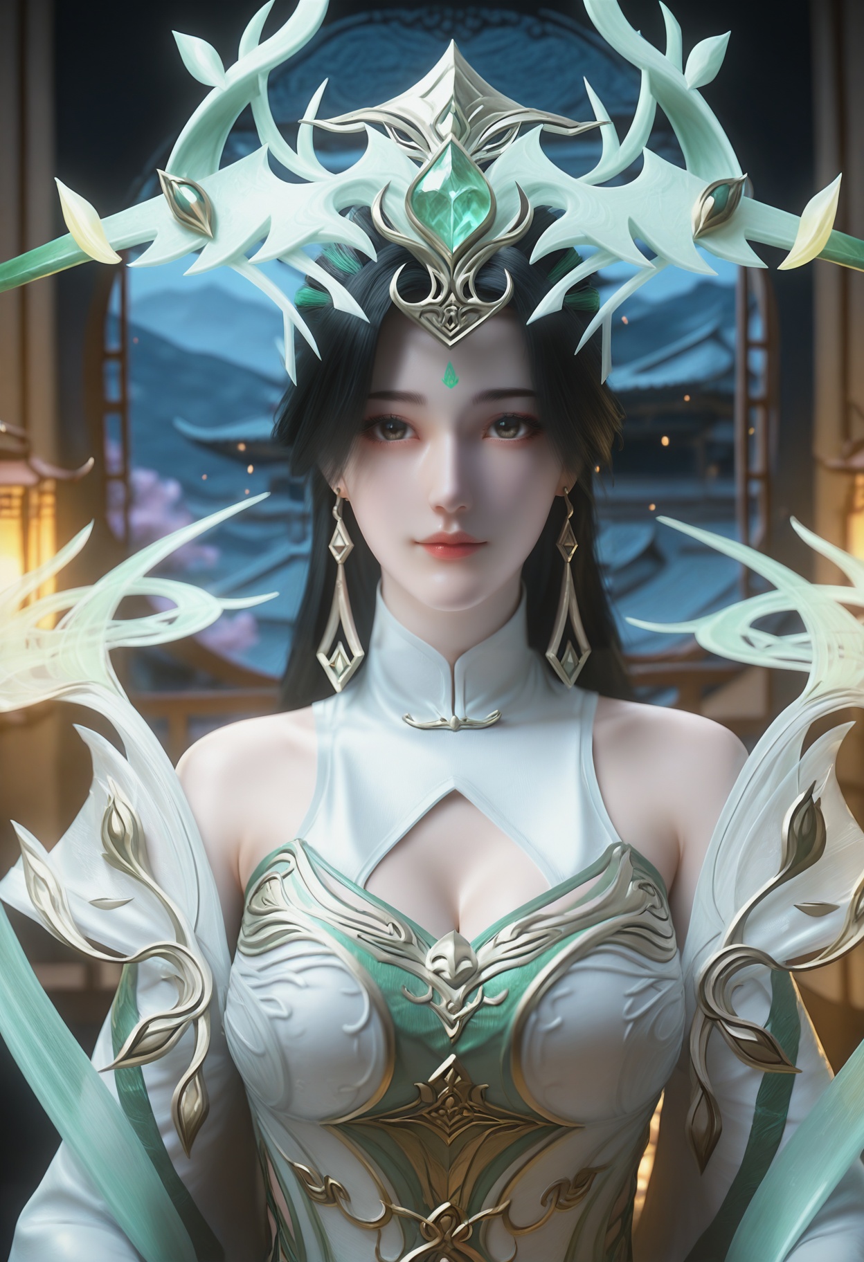 Liu_shen,1girl,long hair,black hair,hair ornament,dark background,earrings,jewelry,facial mark,forehead mark,green hair,bare shoulders,streaked hair,multicolored hair,<lora:Liu_shen_10_illu-000008:0.75>,dress,white dress,long sleeves,cleavage cutout,chinese clothes,wide sleeves,photorealistic,hyperrealistic,<lora:realistic filter [IL]:1>,looking at viewer,(pale skin:0.9),standing,(upper body:1.5),close up,head shot,lantern,open window,looking at viewer,indoors,mountains,blossoms,flowers,east asian architecture,beautiful sunrise,warm ambient temperature,