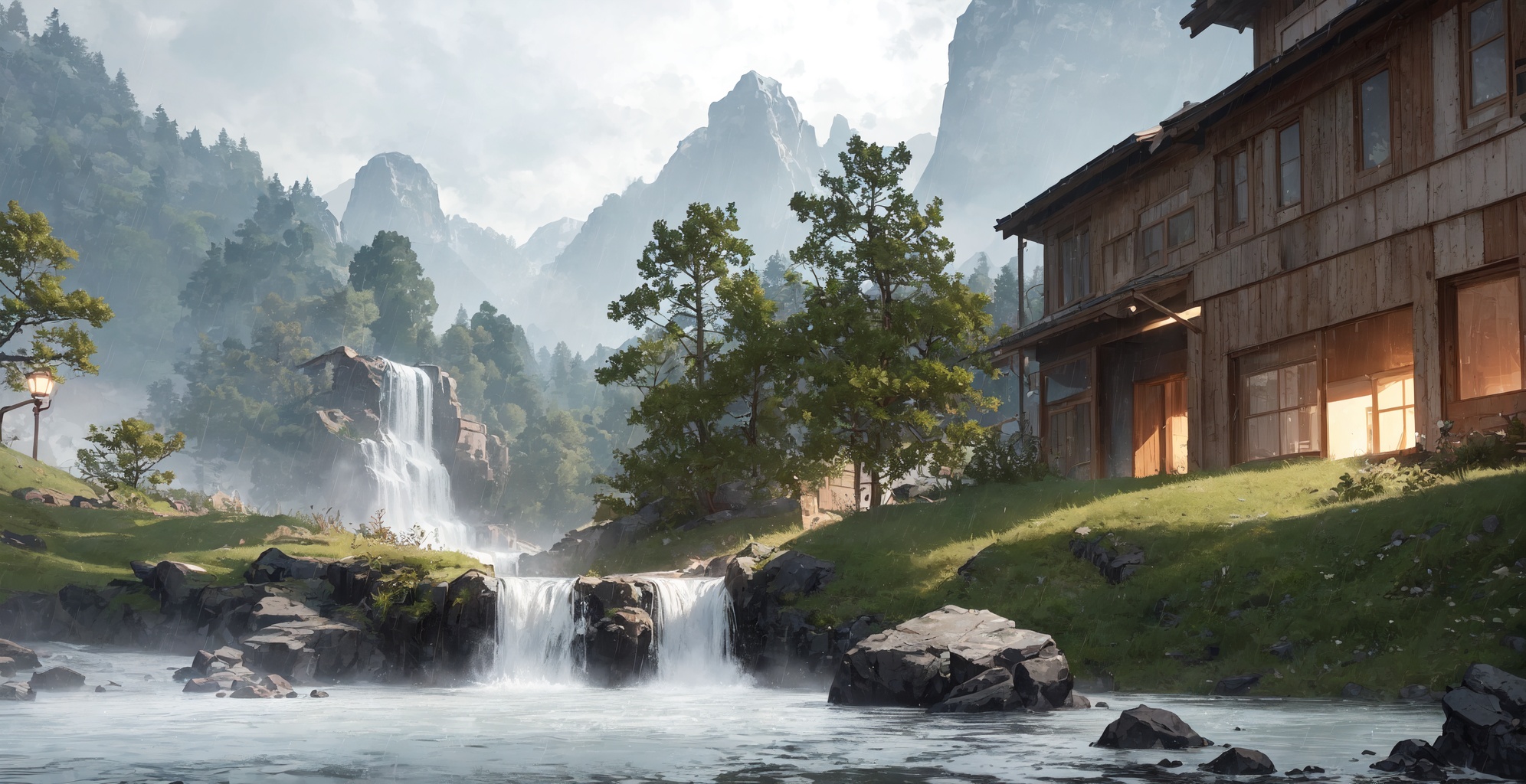 <lora:Chinese CG scene_v1:1>,HD,cg,Chinese CG scene,unreal 5 engine,floating island,abg,there is a waterfall left in the middle,rain, <lora:20231201-1701409019140:0.45>street