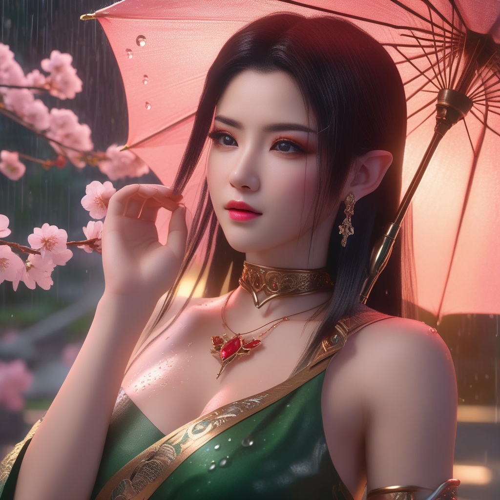 <lora:850-DA-XL-斗破苍穹-美杜莎-红色睡衣:0.8>, (,1girl, ,best quality, ),,  ,,ultra detailed 8k cg, ultra detailed background ,ultra realistic 8k cg,          cinematic lighting, cinematic bloom, (( , )),,  , unreal, science fiction,  luxury, jewelry, diamond, pearl, gem, sapphire, ruby, emerald, intricate detail, delicate pattern, charming, alluring, seductive, erotic, enchanting, hair ornament, necklace, earrings, bracelet, armlet,halo,masterpiece, (( , )),, realistic,science fiction,mole,   ,cherry blossoms,,(((Best quality, masterpiece, ultra high res, (photorealistic:1.4), raw photo, 1girl, ,rain, , sunlight, sunset, qianqiu wanxia,     )))  (cleavage),,  (),