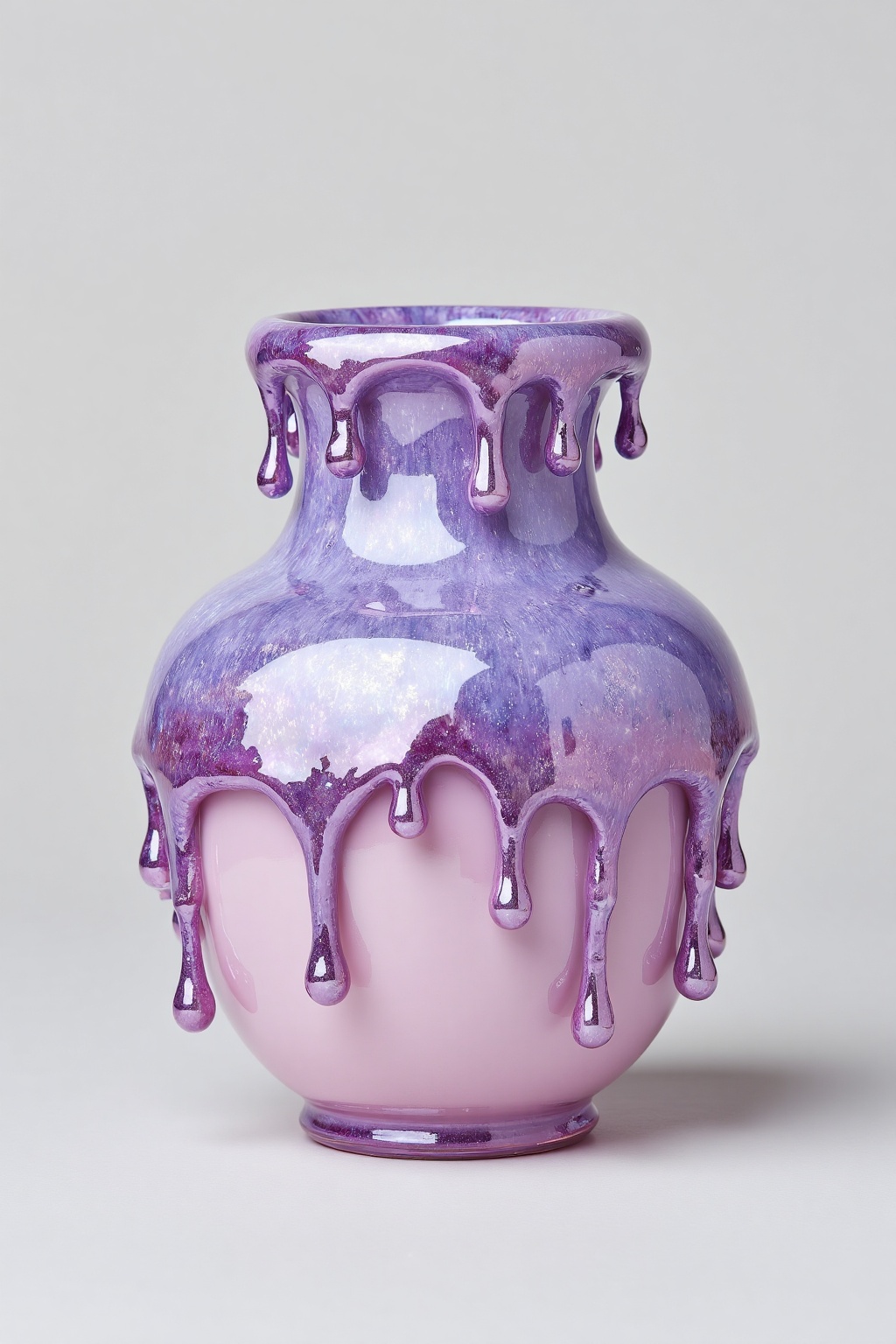 beijihui,a glass vase is adorned with a vibrant shade of purple. The vase's base is a glossy glossy pink, and the top of the vase has a deep purple hue, while the bottom is a lighter shade of pink. There are droplets of water dripping from the top and bottom of the frame, adding a pop of color to the scene. The background is a stark white, creating a stark contrast to the vibrant purple vase.