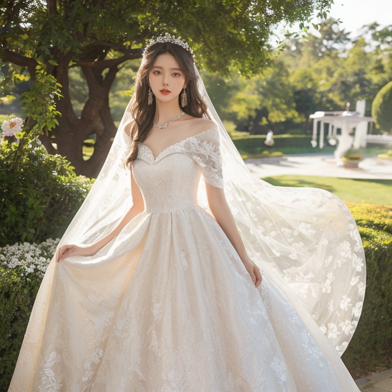 Best Quality,Masterpiece:1.4),(Realism:1.2),(Realisitc:1.2),4K,(photorealistic:1.3),1girl, white wedding dress,long dress,outdoors, flower,  jewelry,print,(Long Wavy Hair),hunsha,veil,Earrings,Jewelry,Tindal Light,  <lora:YG梦中婚纱4:0.7>,
