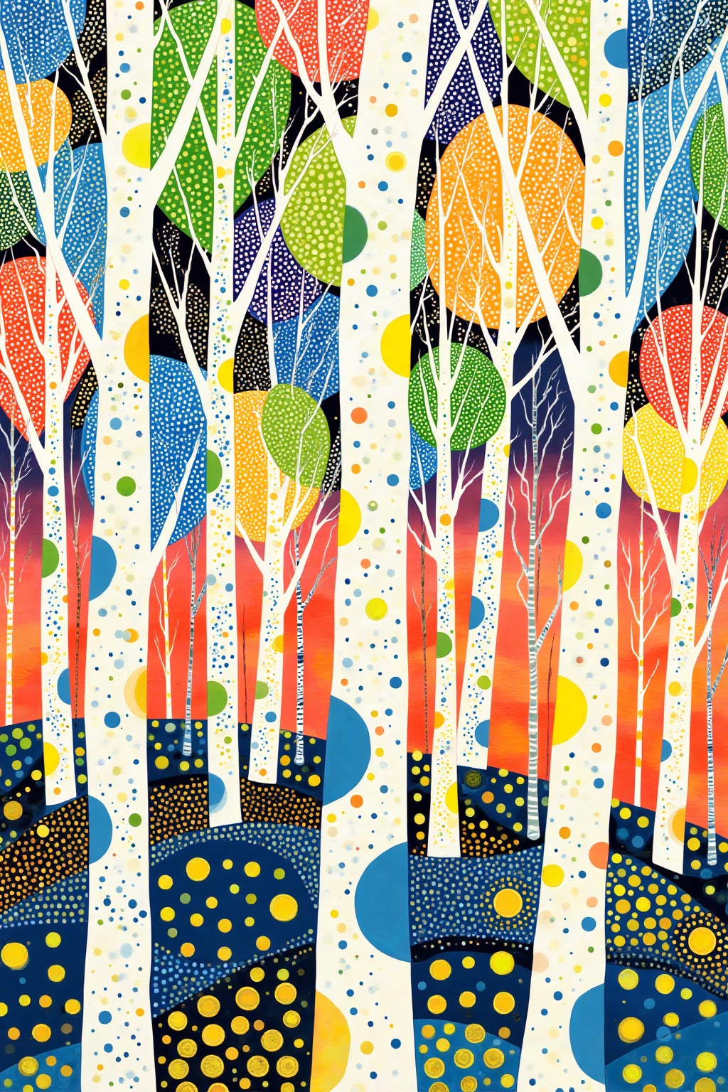 SK,SK,this is a vibrant modern abstract digital illustration. It depicts a fantastical forest with tall slender trees adorned with vibrantly colored leaves featuring polka dot patterns. The leaves shimmer with hues of cornflower blue,moss green,amber orange,and lemon yellow,interwoven and colliding with each other. In the background,there is a gradient sky that transitions from deep navy,reminiscent of a night sky,to warm tangerine,**** a sunset. On the ground,there are ink-black spots scattered **** stars,interspersed with occasional bright golden yellow dots,creating a unique visual rhythm.,