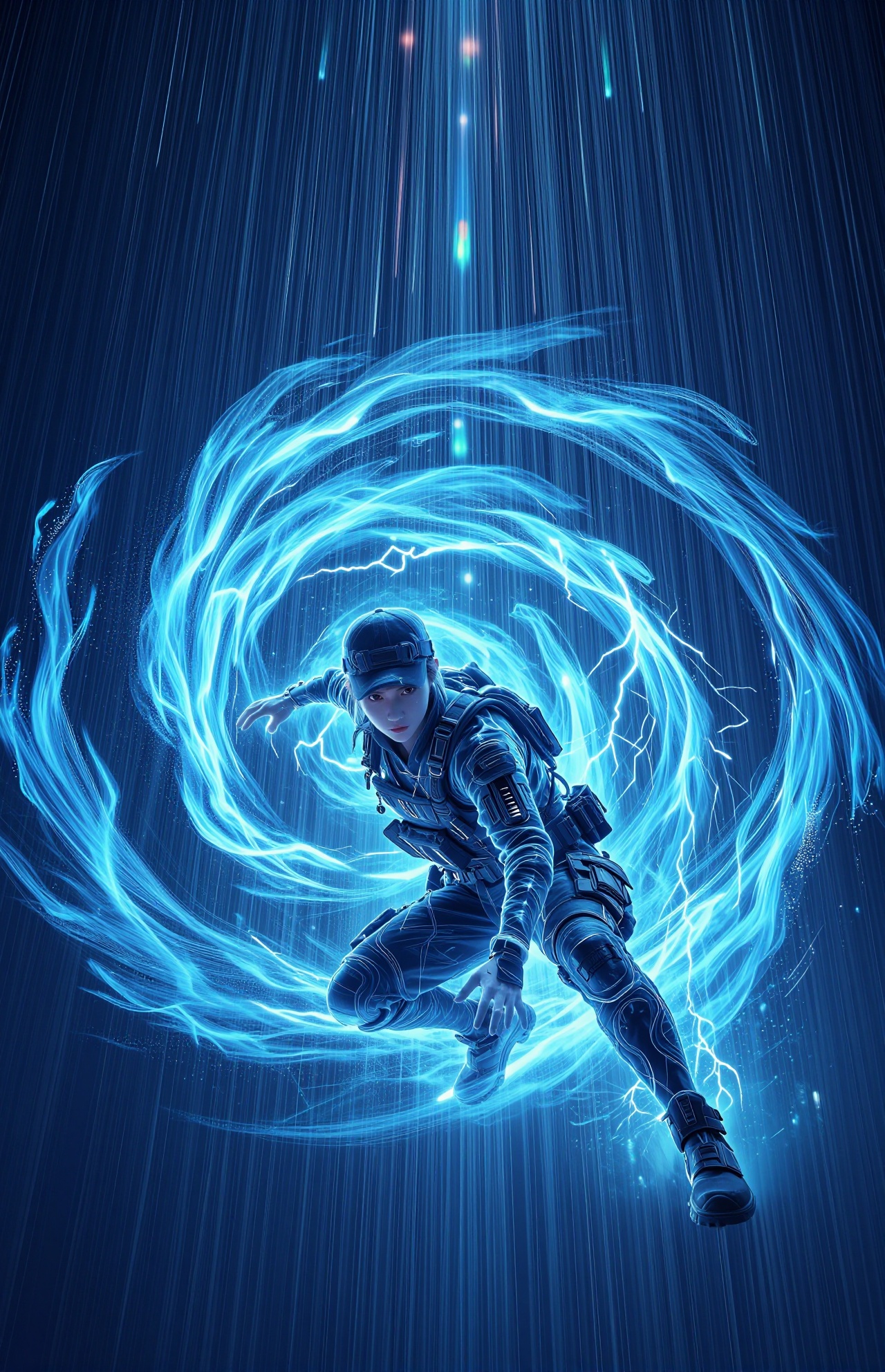 电影级超现实场景。背景是深邃的宇宙蓝与垂直降落的密集五彩光雨，如同静谧的梦幻星河。在这超现实的天幕下，一位身着战斗冲锋衣、头戴鸭舌帽的中国女生，一掌击地的姿态成为画面的绝对焦点，半蹲。超广角低角度仰拍极致拉伸了空间，使他击地爆发的蓝色螺旋能量与背景的垂直光雨产生交织——部分光雨被能量场吸引、扭曲，融入环绕其身的蓝色闪电与高密度粒子漩涡中。她全身包裹着液态般的能量，动态轨迹与光流交织，背景的光雨则提供了细腻的线条纹理与梦幻光斑。画面在静谧的星空诗意与窒息般的战斗张力之间达到平衡，充满视觉冲击。