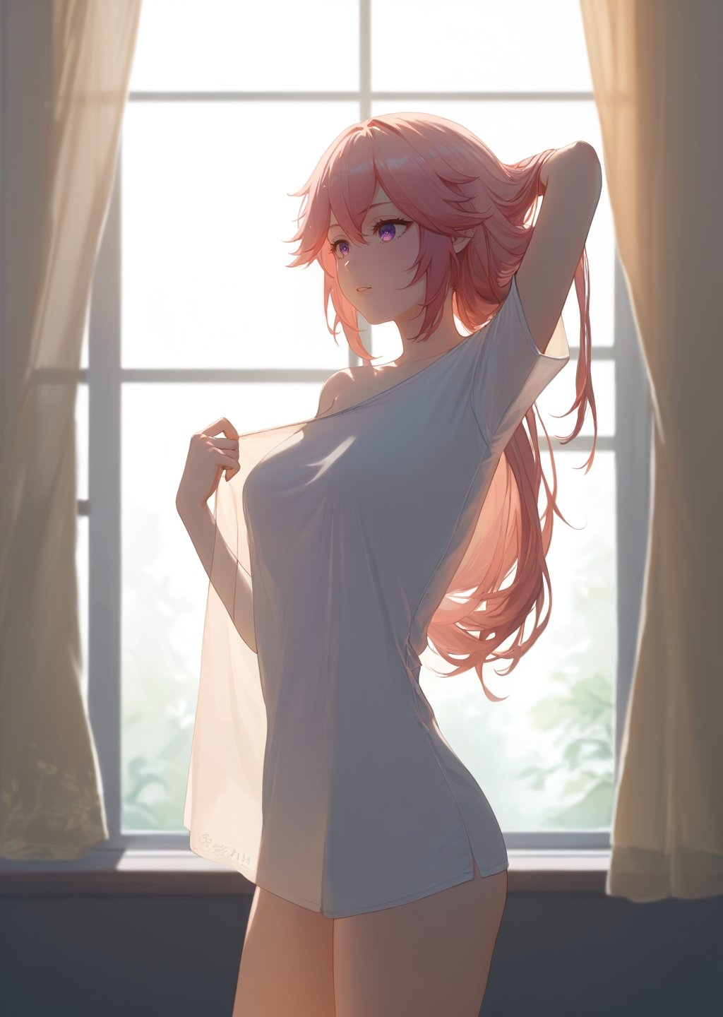 score_9,score_8_up,score_7_up,score_6_up,masterpiece,best quality,ultra-detailed,very aesthetic,absurdres,1girl,yae miko (genshin impact),dynamic angle,close-up,solo,breasts,{{silhouette}},{backlighting},curtains,arms up,seiza,barefoot,arm up,windows,tying hair,morning,nsfw,(**********:1.2),(oversized_clothes:1.1),