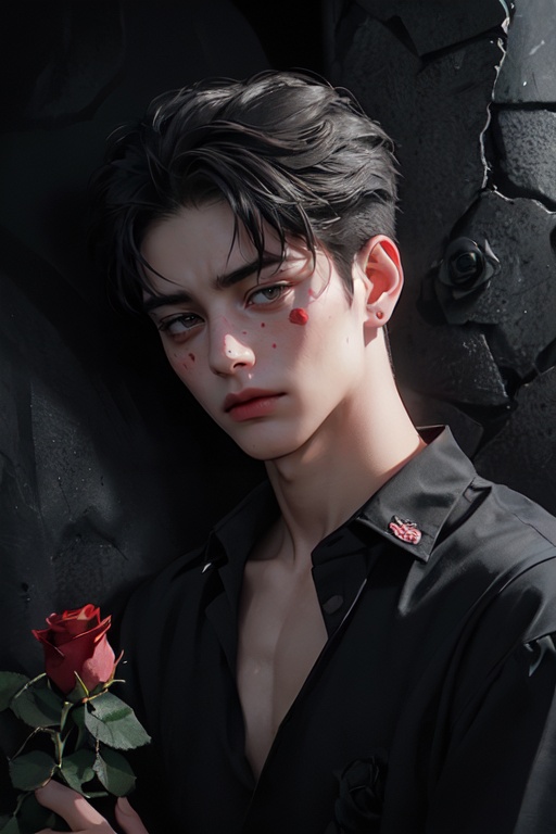 (1 boy:1.8),flower, (photography: 1.6), (masterpiece 1.2), (32k: 1.8), (many roses:1.8), looking at viewer, makeup, red lips, long hair, red flower, petals, (red rose: 1.0), brown Eyes, lips, collarbone, lipstick, there is a red spot on the face, (covered by roses: 1.2), lying on the ground, upper body,(wear black shirt:1.2),Cinematic quality,(There are red spots on the face, covered by roses:1.8),dim light,(melancholy style:1.8),(deep and dark environment:2) <lora:玫瑰少年_1.0:0.7>