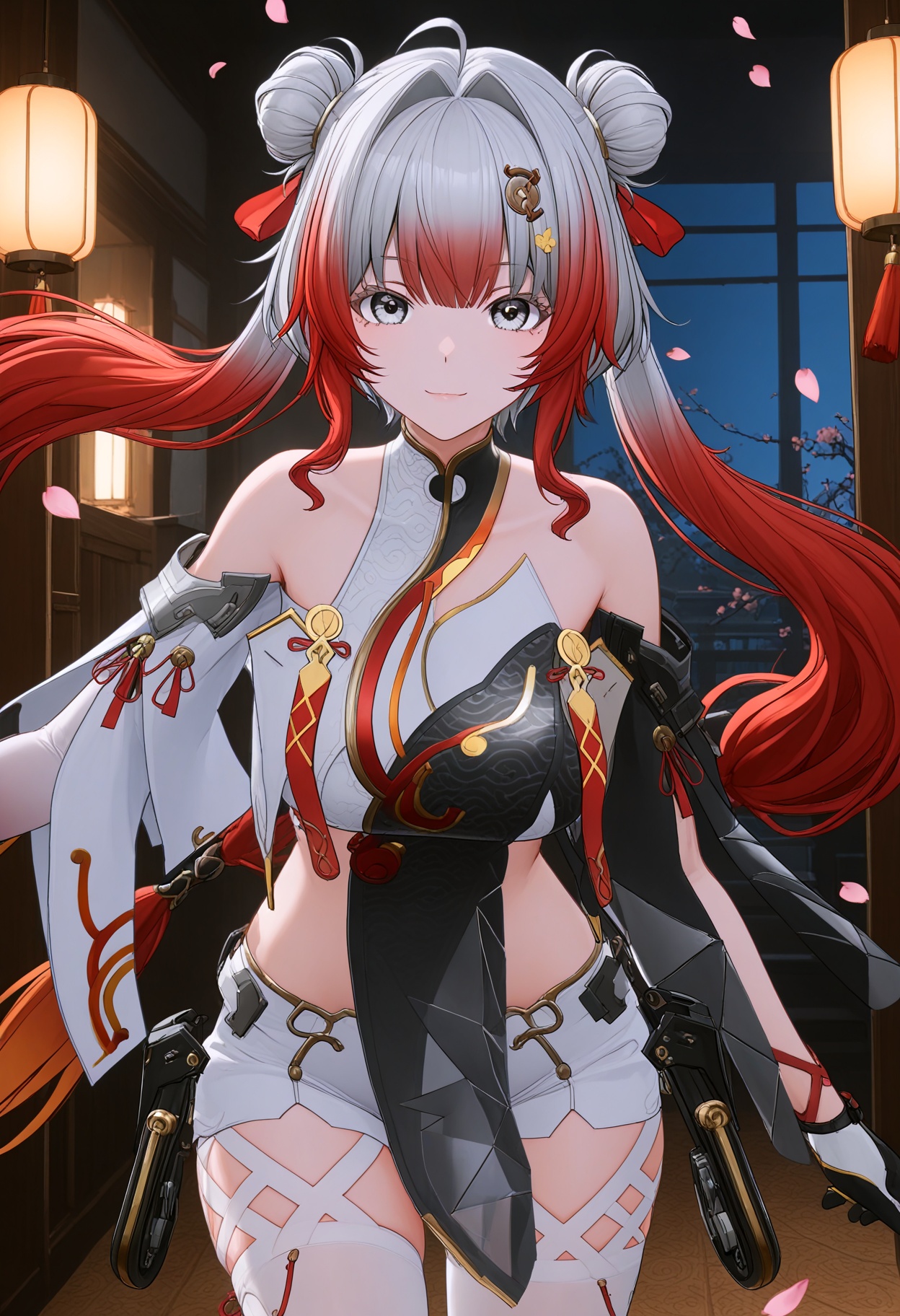 (upper_body:1.2),looking at viewer:1.1,masterpiece,(best quality),(mutated_hands:-1.2),(bad hands:-1.2),smog,Dark room,dim lighting,peach blossom,falling petals,<lora:YQ_Illustrious光辉二次元v1_卜卜_V1:0.8>,q1528437228,1girl,solo,red hair,multicolored hair,grey hair,long hair,hair ornament,gradient hair,hair bun,double bun,chinese clothes,twintails,grey eyes,dress,detached sleeves,gloves,hair intakes,thighhighs,white pantyhose,white thighhighs,shorts,high heels,two-tone hair,pelvic curtain,thighs,white shorts,