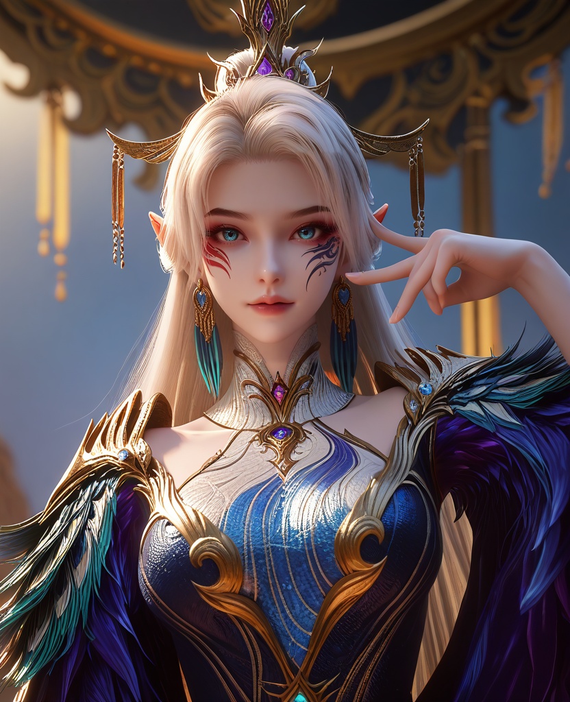 (finger gun:1.1),looking at viewer,(large breasts:1.2),<lora:XL16云深不知梦燕倾霏穹冥本体:0.95>,miss yanqingfei,atropurpureus gown,heterochromia eyes with blue and red,facial mark,white hair,very long hair,hair ornament,hair bun,earrings,jewelry,pointy ears,, score_9,score_8_up,score_7_up,score_6_up,score_5_up,score_4_up,3d rendering,tag1,tag2, Cinematic Lighting,backlighting,