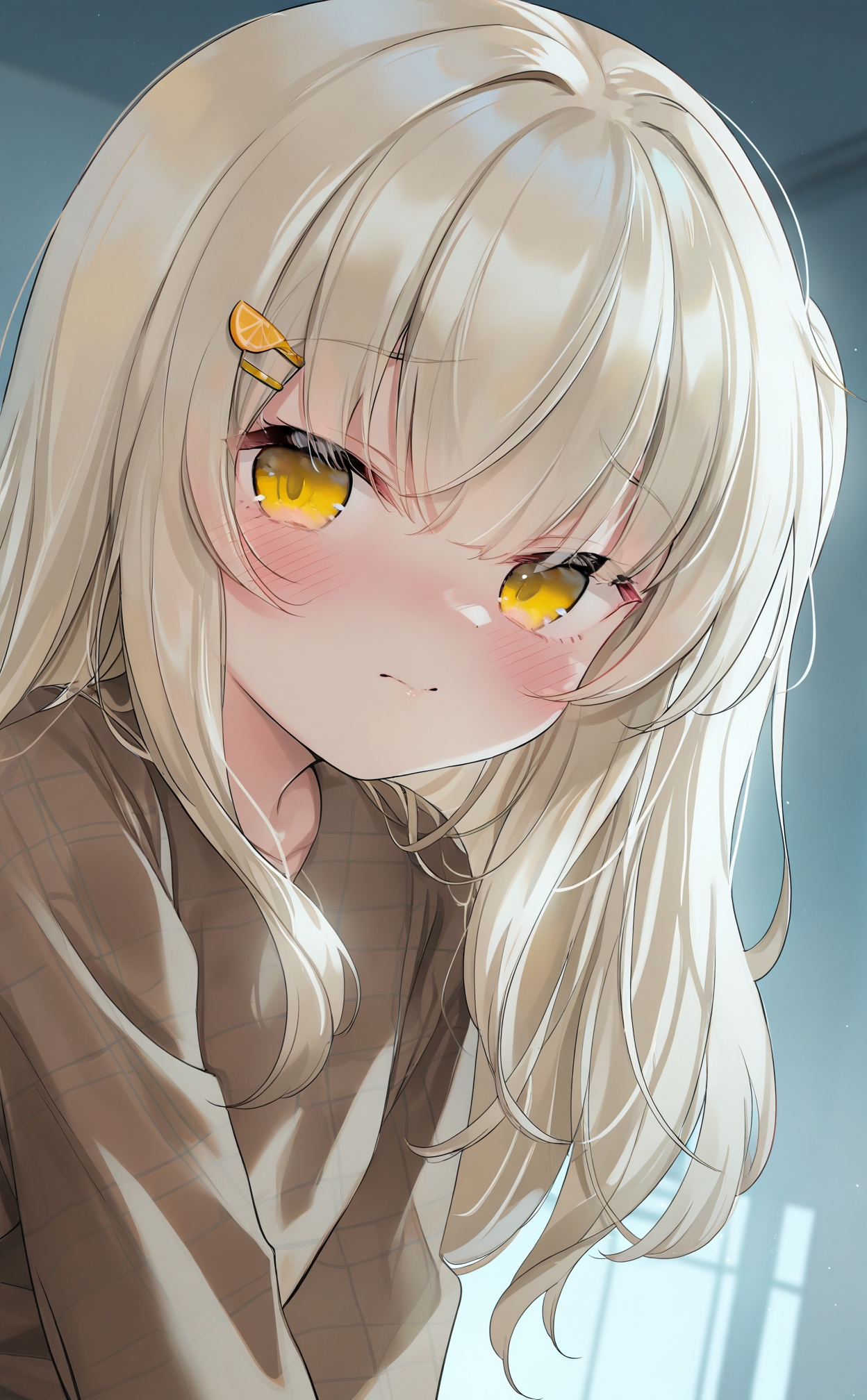 masterpiece,very aware,highres,absurdres,newest,best quality,loli,petite,high quality,chromatic_aberration,cinematic_angle,dutch angle,Light Blue Theme,//,1girl, food-themed_hair_ornament, hair_ornament, blush, long_hair, window, solo, shirt, looking_at_viewer, yellow_eyes, brown_shirt, hairclip, indoors, one_side_up, closed_mouth, blonde_hair, plaid, looking_to_the_side, plaid_shirt, portrait, upper_body//,//,official art,depth of field,detailed light,blurry background,best shadow,shiny skin,cinematic lighting,ray tracing,amazing quality,very aesthetic,absurdres,beast quality,ultra detailed,newest,8K,HDR,//,<lora:guizhencao——【noob】hans:0.88>,