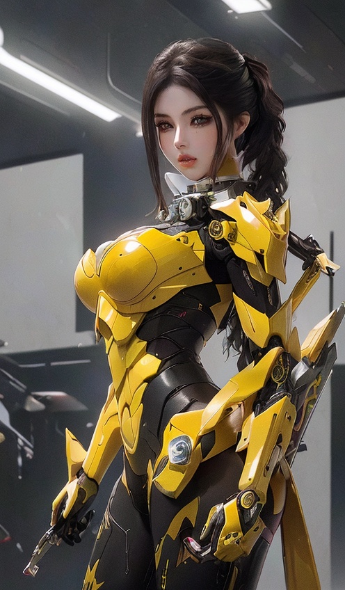 (photorealistic, best quality, ultra high res, extremely detailed eyes and face:1.3),1girl,big breasts,slender legs,yellow mecha,colored mecha,show the whole body sexy figure,bright color,big ass,3D,kehuan,wearing a mecha,cold killer,exquisite face,future warrior,black hair,(dark environment:1.5),(detailed light),feather,leaves,nature,<lora:kehuanjijia_v1:0.2>,<lora:babi V2>,, (8k, RAW photo, best quality, masterpiece:1.2),(realistic, photo-realistic:1.3), ultra-detailed, extremely detailed cg 8k wallpaper,(crystalstexture skin:1.2), (extremely delicate and beautiful), (perfect hands, perfect anatomy:1.2),