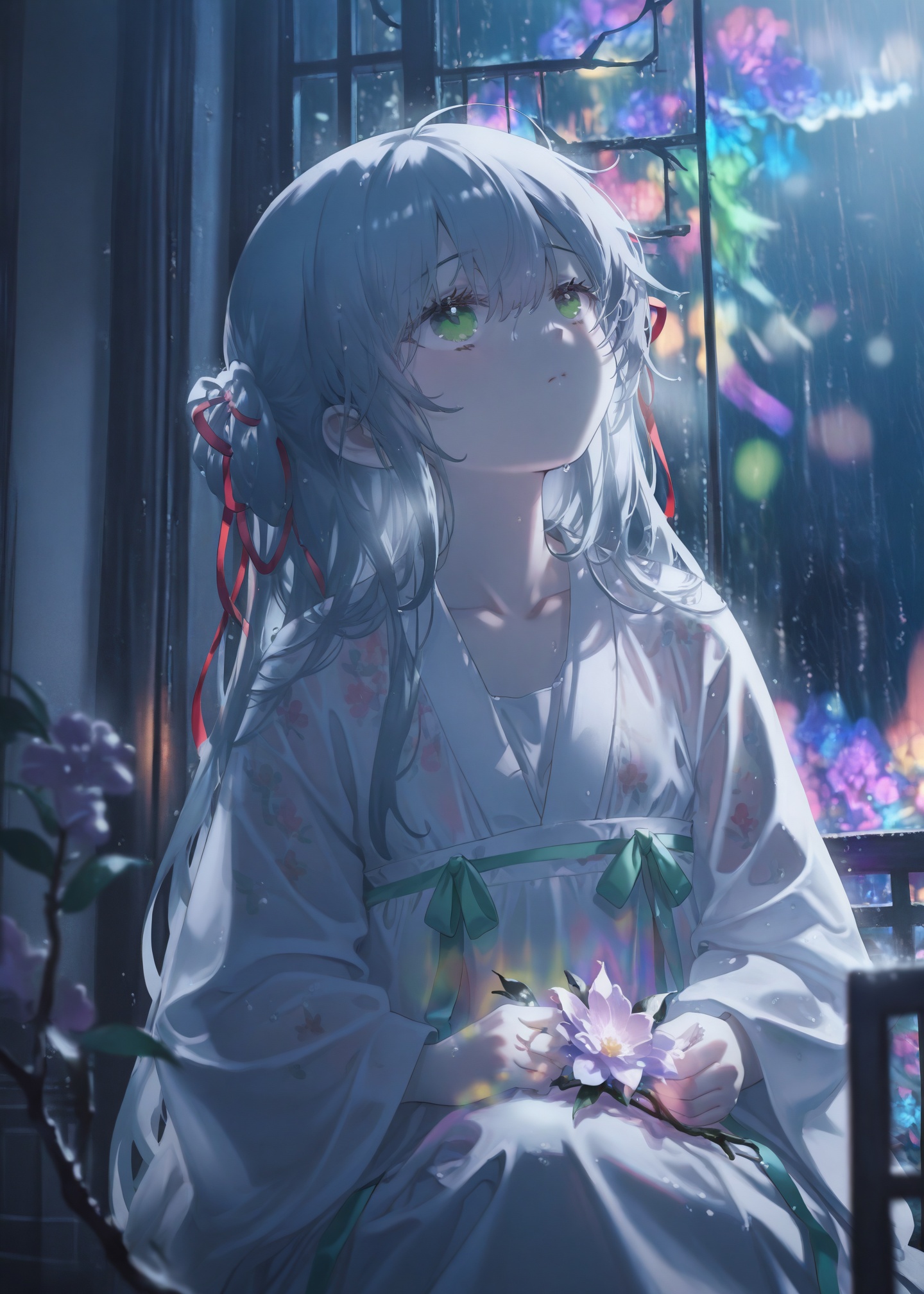 masterpiece,absurdres,best quality,petite,high quality,//,illustration,ultra detailed,hdr,Depth of field,(colorful),hanfu,1girl,loli,solo,green eyes,chinese clothes,rain,flower,window,night,wide sleeves,ribbon,long sleeves,grey hair,long hair,hair ribbon,indoors,branch,collarbone,looking up,holding,sitting,closed mouth,//,<lora:konya_karasue2——【CKXL】hans:0.85>,