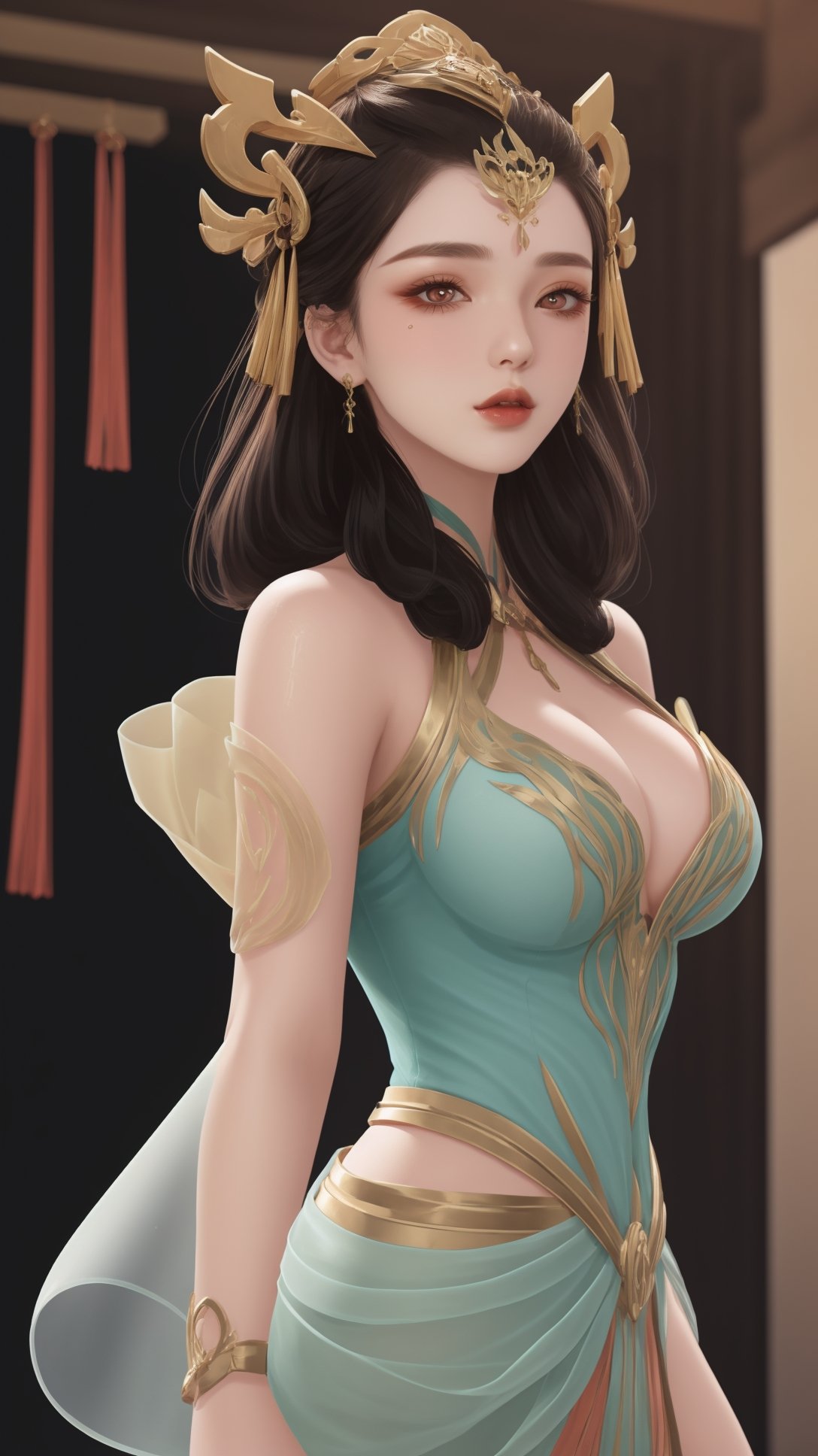 (1girl),smooth chin,masterpiece,detailed face,((hair ornament:1.2)),top quality,4k,make up,best quality,large breasts,(looking at viewer),red ribbon,dress,arms behind back,(wariza),shawl,detached sleeves,chinese building,forehead mark,golden hair ornament,<lora:王者杨玉环原皮_v1.1:0.7>,