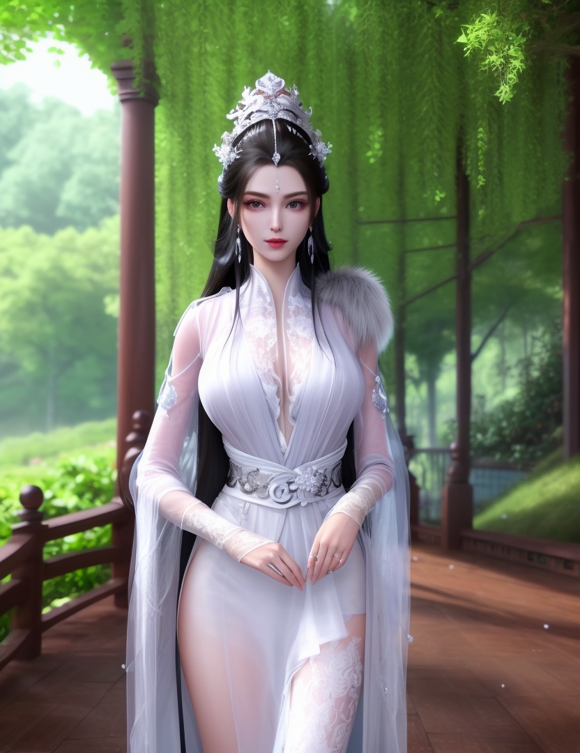 ultra realistic 8k cg, picture-perfect face, flawless, clean, masterpiece, professional artwork, famous artwork, cinematic lighting, cinematic bloom, perfect face, beautiful face, beautiful eyes, ((perfect female body, narrow waist)),fantasy, dreamlike, unreal, science fiction, huge breasts, beautiful clothes, lace, lace trim, lace-trimmed legwear, absurdly long hair, very long hair, (rich:1.4), prestige, luxury, jewelry, diamond, gold, pearl, gem, sapphire, ruby, emerald, intricate detail, delicate pattern, charming, alluring, seductive, erotic, enchanting, hair ornament, necklace, earrings, bracelet, armlet,(((((1girl, pov, outdoors,  ))))) , (1girl, fur trim, ,depth_of_field, solo, fur_collar, earrings, see-through, looking_at_viewer, hanfu)<lora:DA_YueYao:0.8>