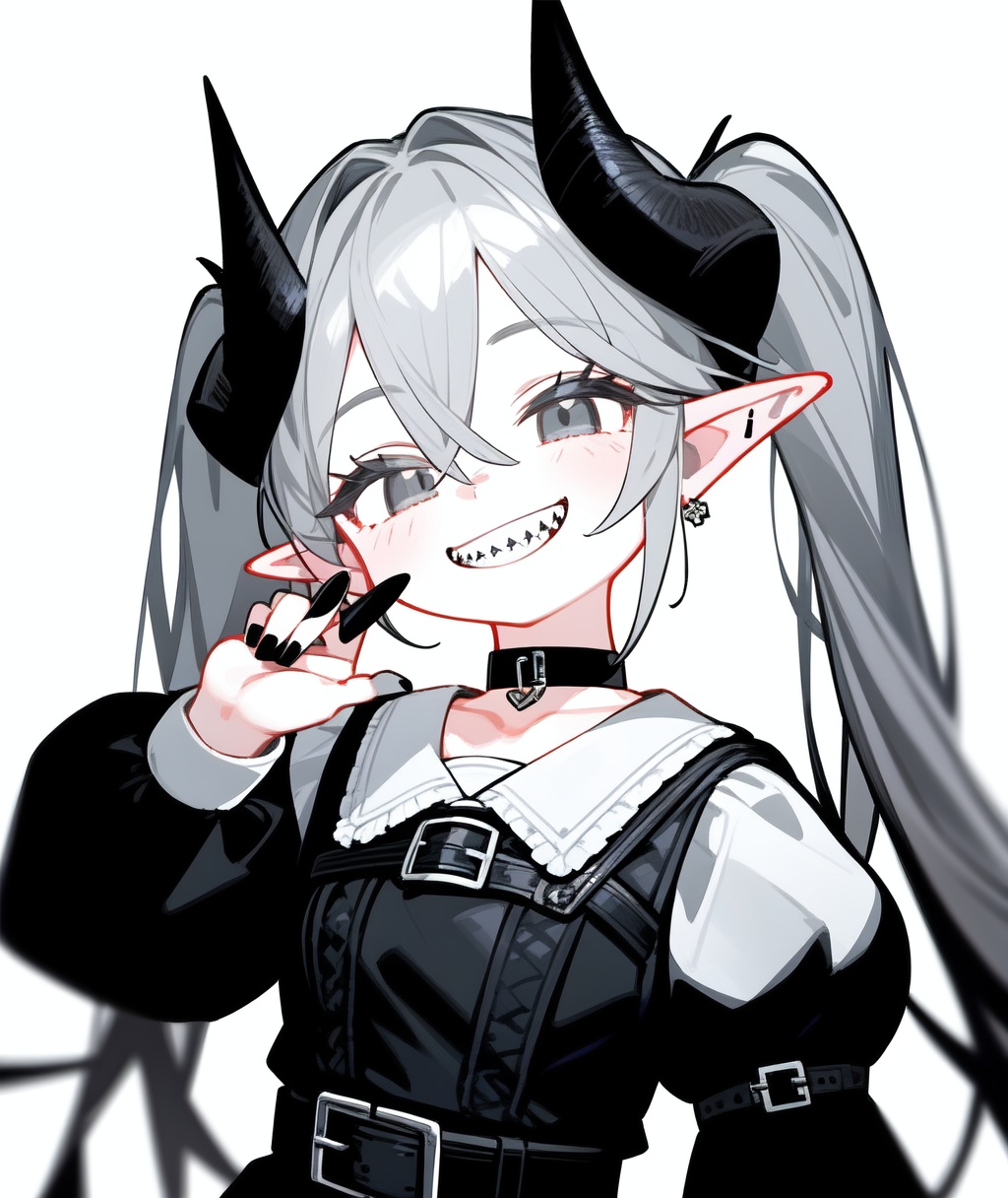 1girl, solo, long hair, looking at viewer, smile, simple background, long sleeves, white background, dress, hair between eyes, twintails, upper body, grey hair, frills, horns, teeth, choker, pointy ears, puffy sleeves, belt, hand up, nail polish, grin, black dress, collar, fingernails, hand on hip, grey eyes, black choker, sharp teeth, juliet sleeves, black nails, buckle, long fingernails, belt buckle, sharp fingernails