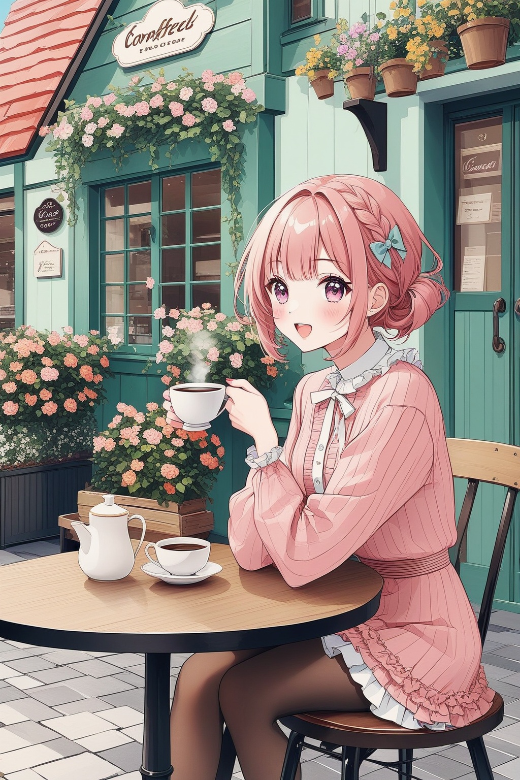 kawaii cottagecore woman sitting at cafe table drinking coffee clip art