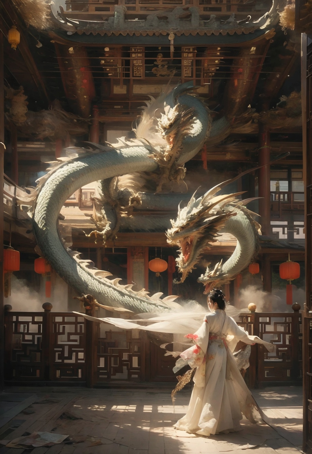 (masterpiece:1.2),best quality,highres,extremely detailed CG,perfect lighting,8k wallpaper,Illustration,ink wash painting,1girl,chinese_clothes,cloud and fog,dragon,<lora:003:0.5>,