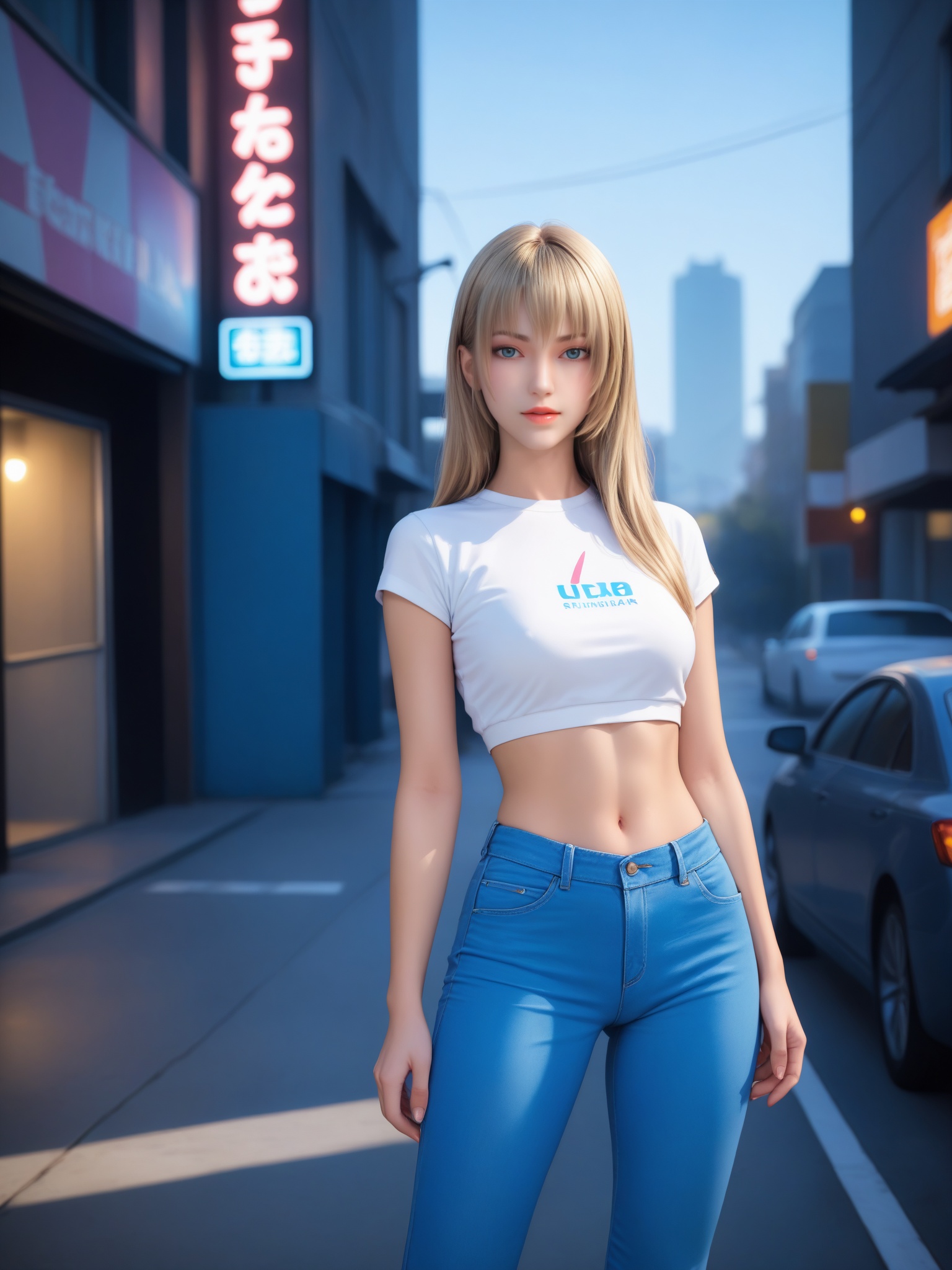 score_9,score_8_up,score_7_up,<lora:20250308-1741407446577:1>,This is a CGI image of a slender,attractive young woman with long,straight blonde hair and fair skin. She wears a tight white long-sleeve top and high-waisted blue jeans. The background features a neon bear sign in vibrant colors. The image is modern and stylish,likely from a video game or anime.,