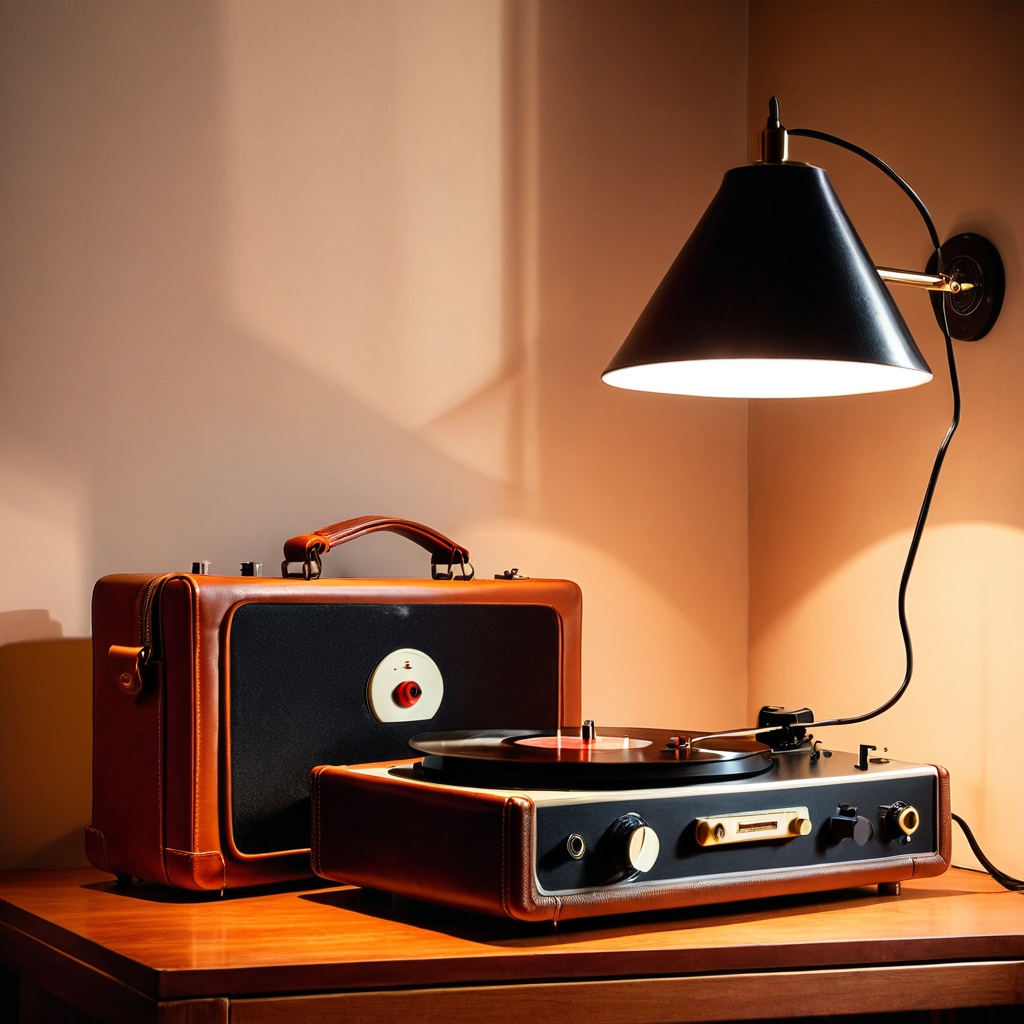 scenevintarecor,  a leather handbag,  vintage record player corner on Tensor.Art