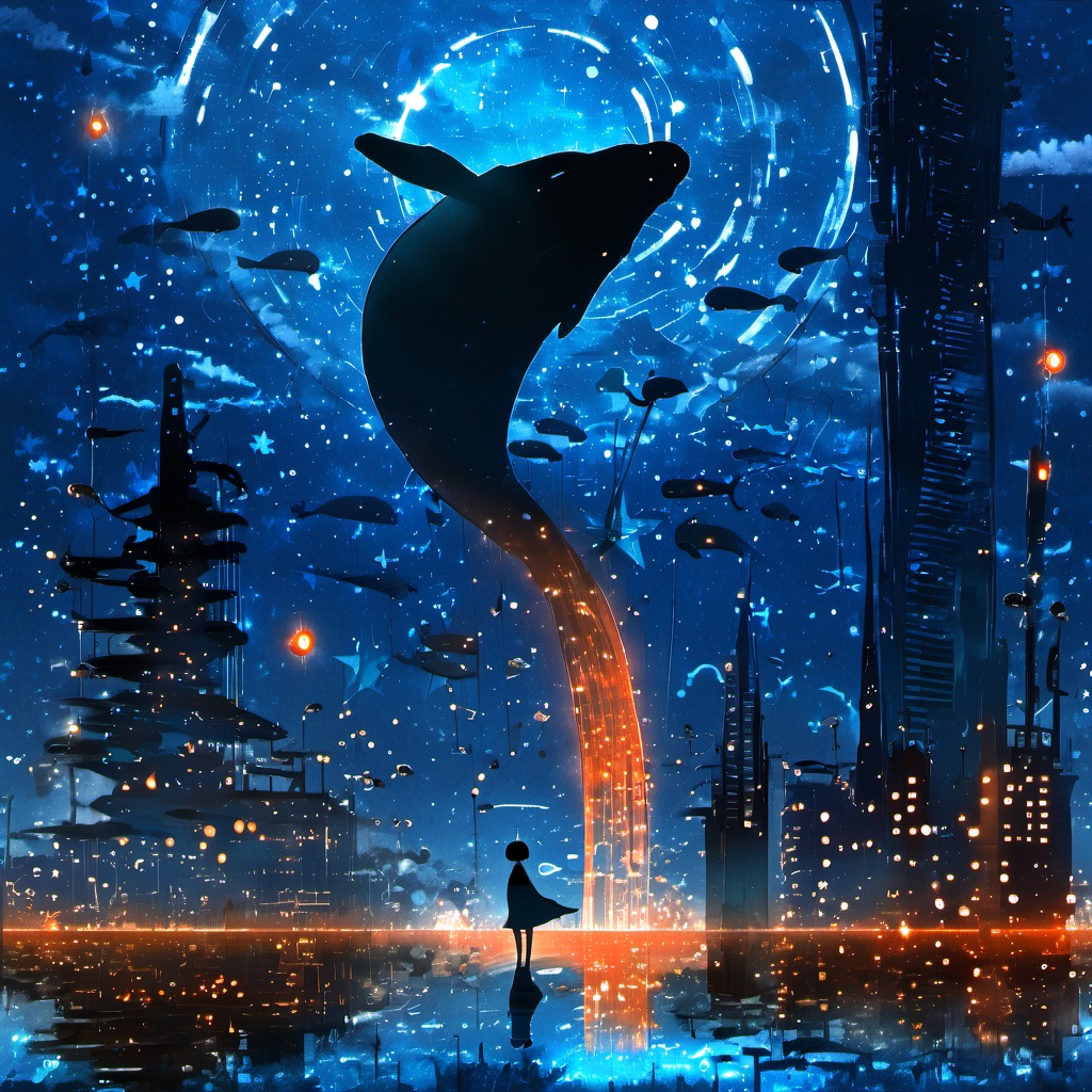 <lora:star_xl_v3:1>,silhouette painting,ethereal ambiance,sky,blue and orange and dark theme,star \(symbol\),no humans,night,building,star \(sky\),scenery,1girl,city lights,whale,cloud,moon,night sky,starry sky,fish,bubble,city,cityscape,surreal,a surreal and futuristic nighttime scene,a large metallic platform with a  black silhouette of a girl standing on it gazing out at the vast expanse below,the platform is elevated and appears to be connected to a tall and slender tower,a blue and oragnge silhouette of a massive whale floating in the sky which has been transformed into a floating city. this city is adorned with various structures including domes and other architectural marvels,the city below is illuminated with a myriad of lights and suggesting a bustling urban environment,the sky is filled with stars and countless celestial bodies,including a large bright moon,wonder and mystery and awe,platform,tower,domes,architectural marvels,stars,atmosphere,