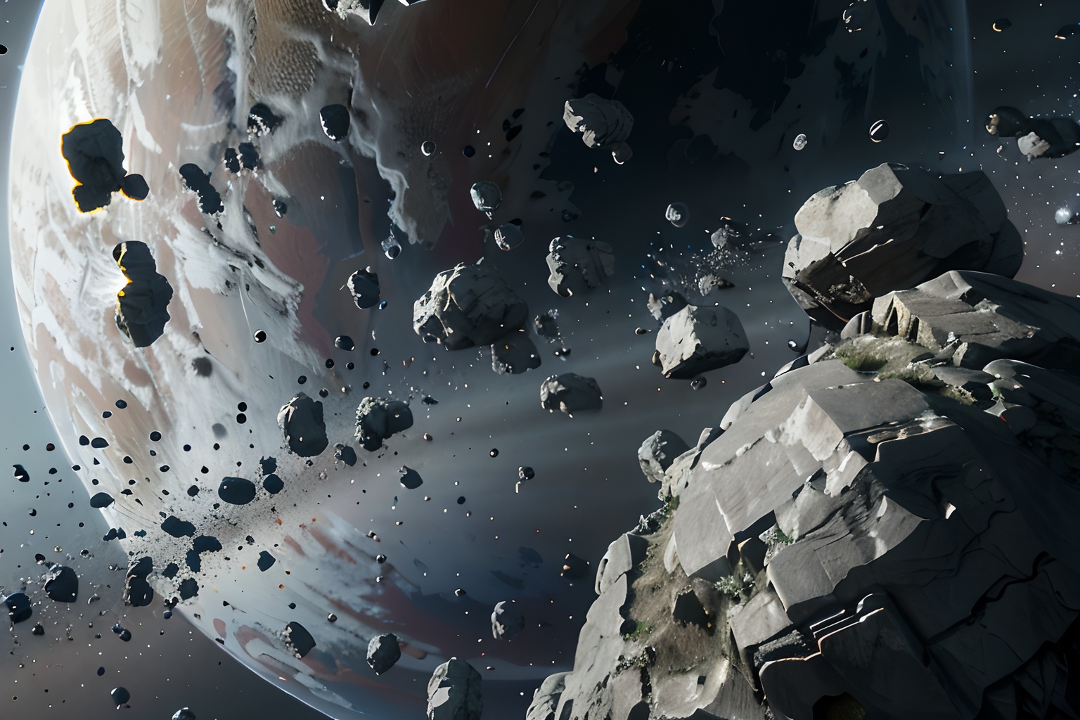 3d, realistic, highres, high quality, octane render, detailed, 4k wallpaper, sci-fi,eveonline, star citizen, cinematic light,(masterpiece), depth of field,  scenery, spacerock-scatter style, <lora:scatter rocks_20231128185243-000004:0.8>