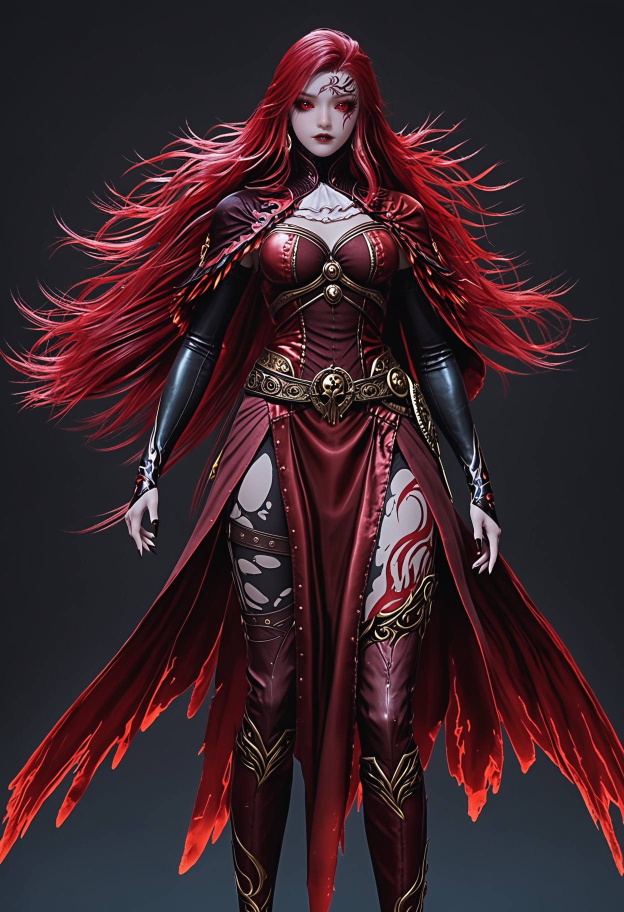 (cowboy shot:1.2),score_9,score_8_up,masterpiece,(best quality),intricate details,facing viewer,(looking at viewer:1.1),<lora:YQ_pony_maxiaotao_fuzhang2_V4:0.8>,q1528437228,1girl,solo,long hair,red hair,red eyes,dress,cape,belt,boots,jewelry,red dress,thighhighs,earrings,colored sclera,black sclera,high heels,torn clothes,tattoo,red cape,ascot,brown eyes,facial mark,gloves,armor,glowing eyes,red sclera,thigh boots,high heel boots,white ascot,black footwear,BREAK(score_9:1.2),(score_8_up:1.2),masterpiece,best quality,very aesthetic,perfect anatomy,(hourglass),perfect face,(simple background,pure black background,black background:1.1),fair_skin,(shiny_skin:1.1),Ivory_skin,