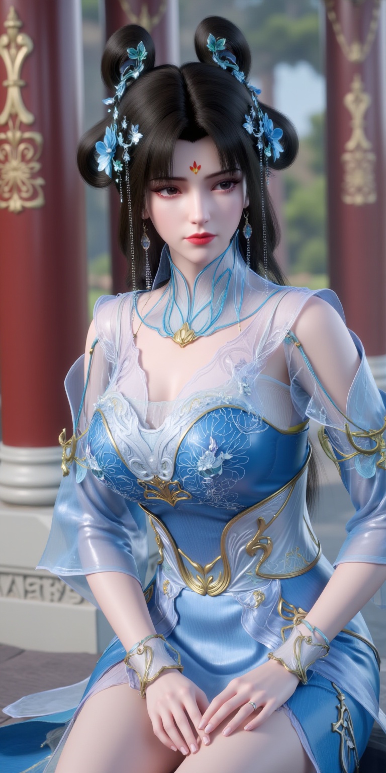 chengling,1girl,solo,black hair,hair ornament,jewelry,earrings,jewelry,hair bun,red lips,long hair,dynamic pose,dynamic angle,(close-up:1.4),(Sitting:1.4),Dynamic angles,dynamic poses,The palace,the ancient buildings,blue clothes,Clear iris texture,