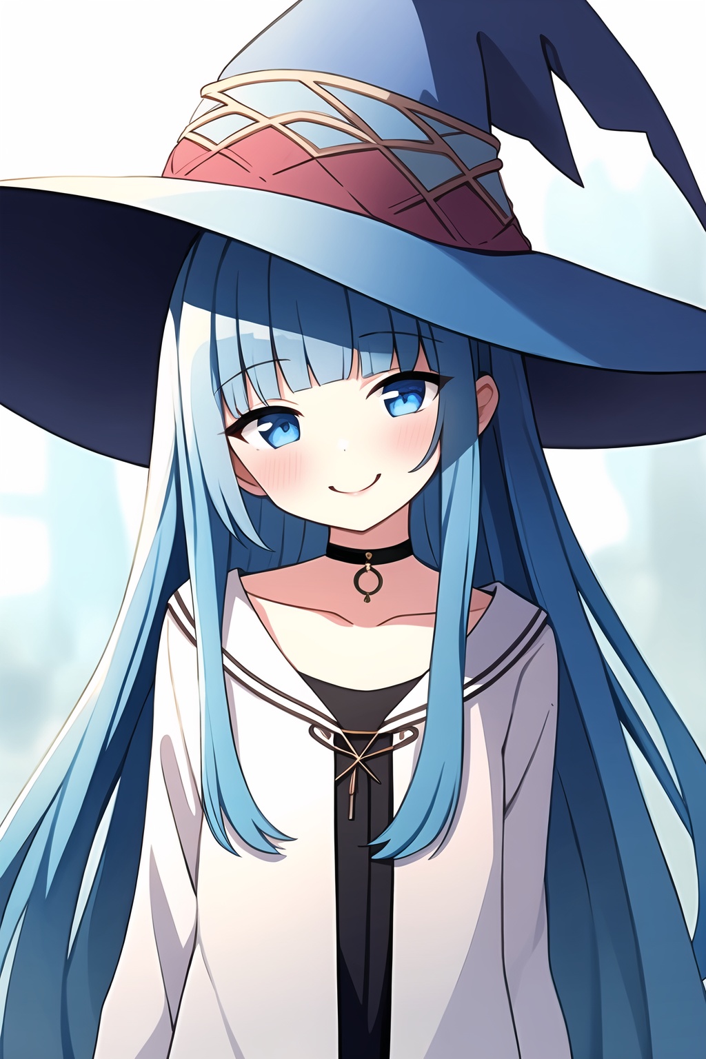 :),Shy,blushing,half-closed eyes,masterpiece,best quality,(1girl),( long blue hair),blunt bangs,blue eyes,witch hat,head tilt,albino,[watercolor],choker,<lora:Rabbit_B:0.3>,