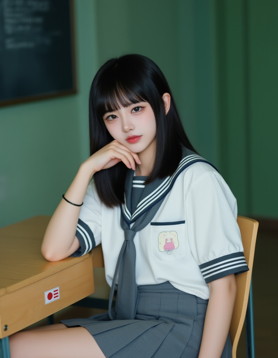 A photograph of a young Asian woman with straight black hair and bangs, sitting at a desk in a classroom. She wears a traditional Japanese schoolgirl uniform: a white blouse with black trim, a grey pleated skirt, and a grey necktie. Her expression is neutral, and she rests her chin on her right hand, which is touching her cheek. The classroom background features green walls and a blackboard on the left. The desk has a Japanese flag sticker. The overall mood is contemplative and slightly melancholic.