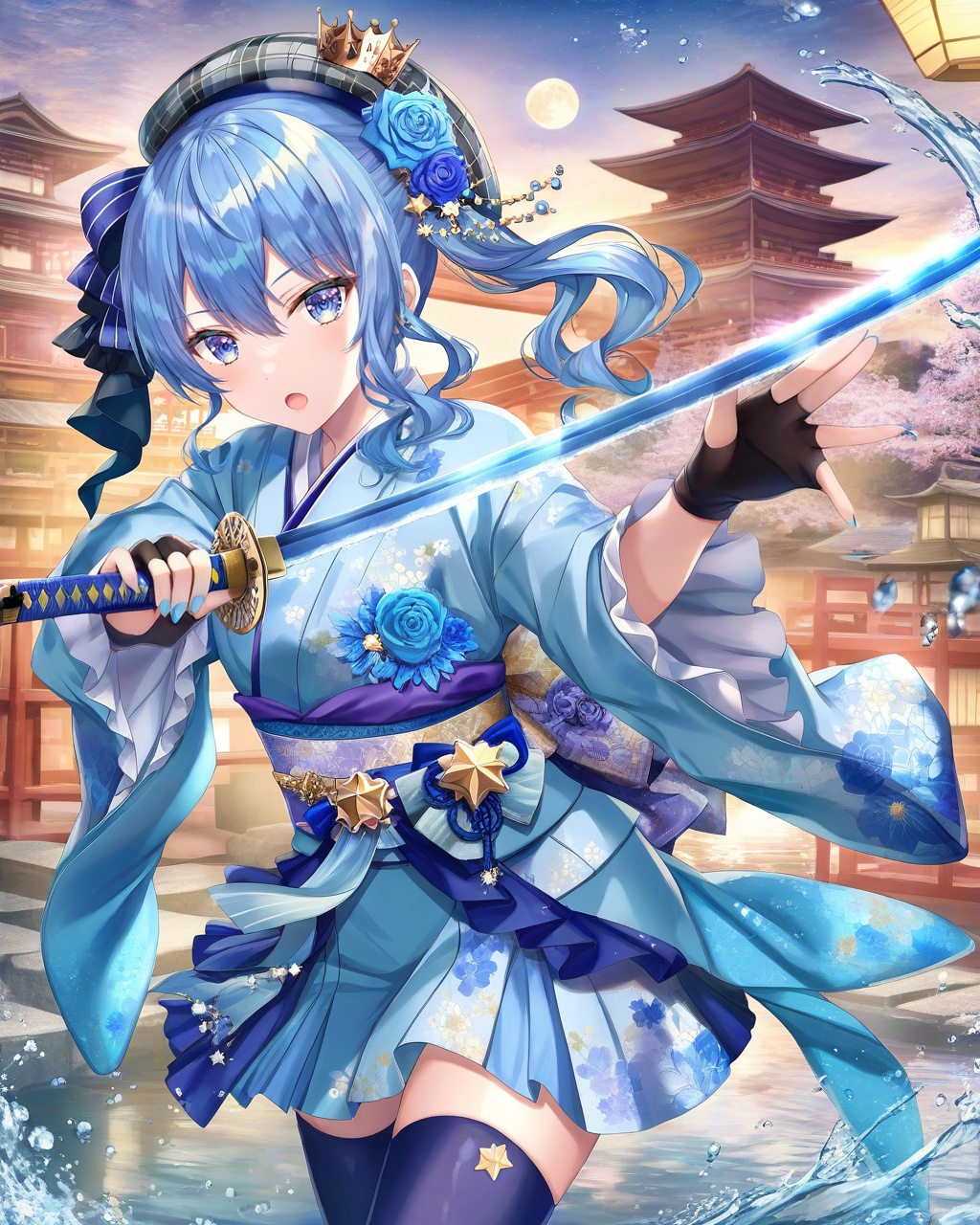 Hoshimachi Suisei, holding a weapon with both hands, weapon on shoulder, 1girl, virtual youtuber, weapon, solo, blue hair, sword, blue eyes, gloves, kimono, japanese clothes, thighhighs, holding, hair ornament, obi, holding weapon, flower, open mouth, holding sword, sash, black gloves, star in eye, looking at viewer, katana, hair flower, side ponytail, floral print, blue kimono, star (symbol), wide sleeves, partially fingerless gloves, blue flower, bangs, rose, ribbon, crown, blue nails, water, symbol in eye, long sleeves, outdoors, architecture, hair ribbon, grey headwear, blue rose, beret, east asian architecture, hat, hair between eyes, long hair, fingerless gloves, print kimono, sky, medium hair, mini crown, plaid headwear, blue ribbon, blue thighhighs, frills, nail polish, purple thighhighs, :o, moon