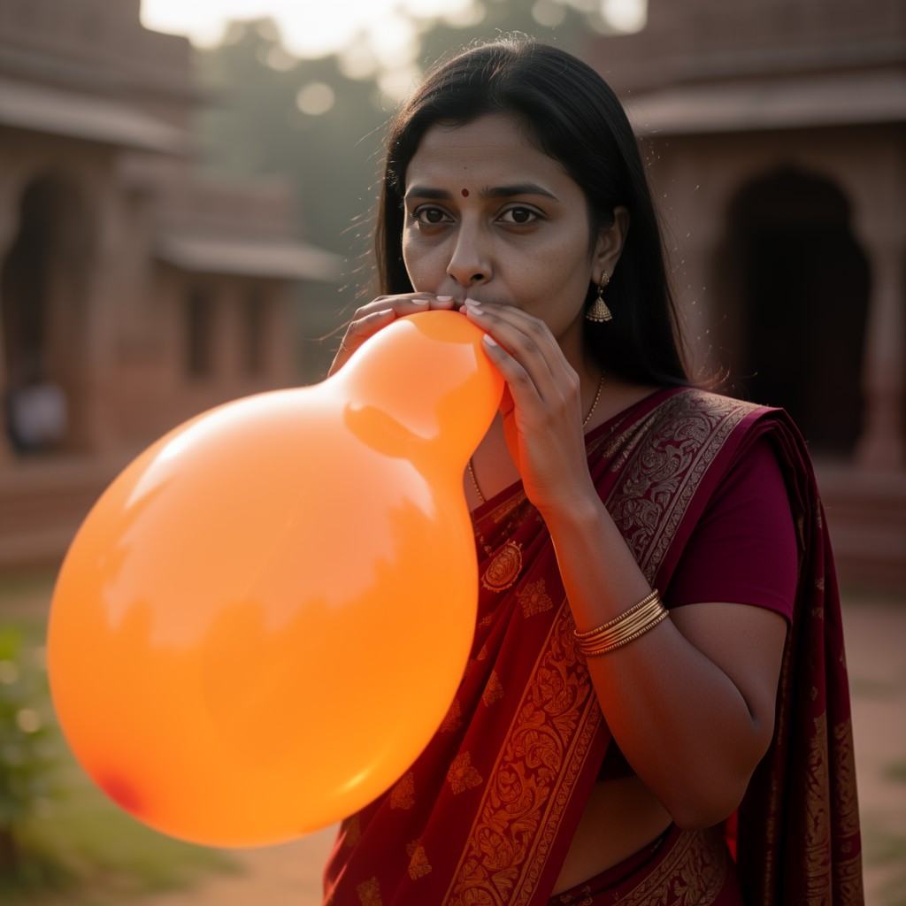 Indian female blowing orange balloon on Tensor.Art