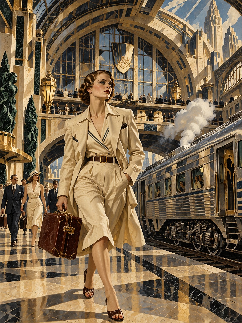 An enormous 1930s railway terminal with soaring vaulted ceilings,  geometric glass windows and polished green marble colum...