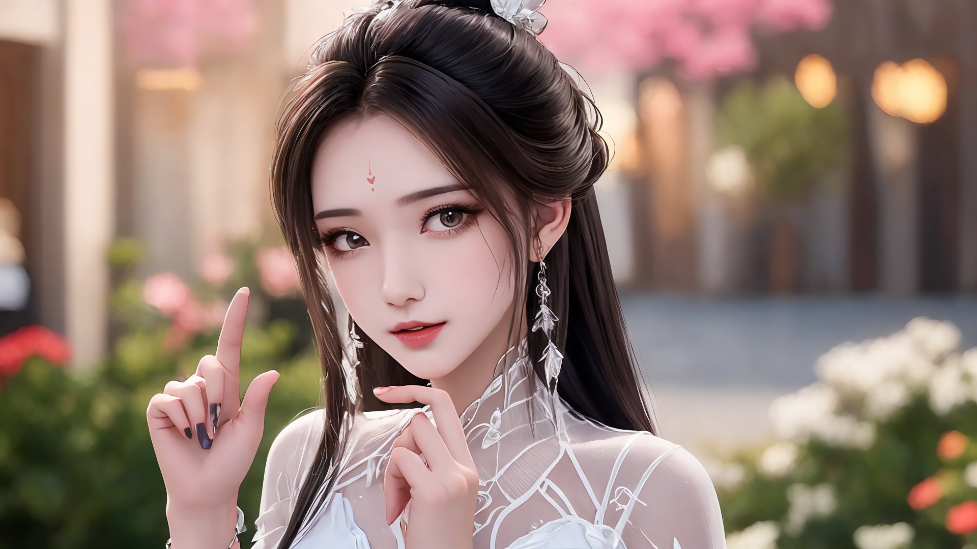 1girl,hair ornament,long hair,forehead mark,solo,black hair,facial mark,upper body,index finger raised,dress,looking at viewer,jewelry,white dress,hair bun,blurry background,<lora:girl solo luxueqi_20240911015355:0.7>,<lora:【面部细节优化】拒绝一眼Ai暖白美颜滤镜-冷白皮美颜去油腻_v1.0:0.6>,