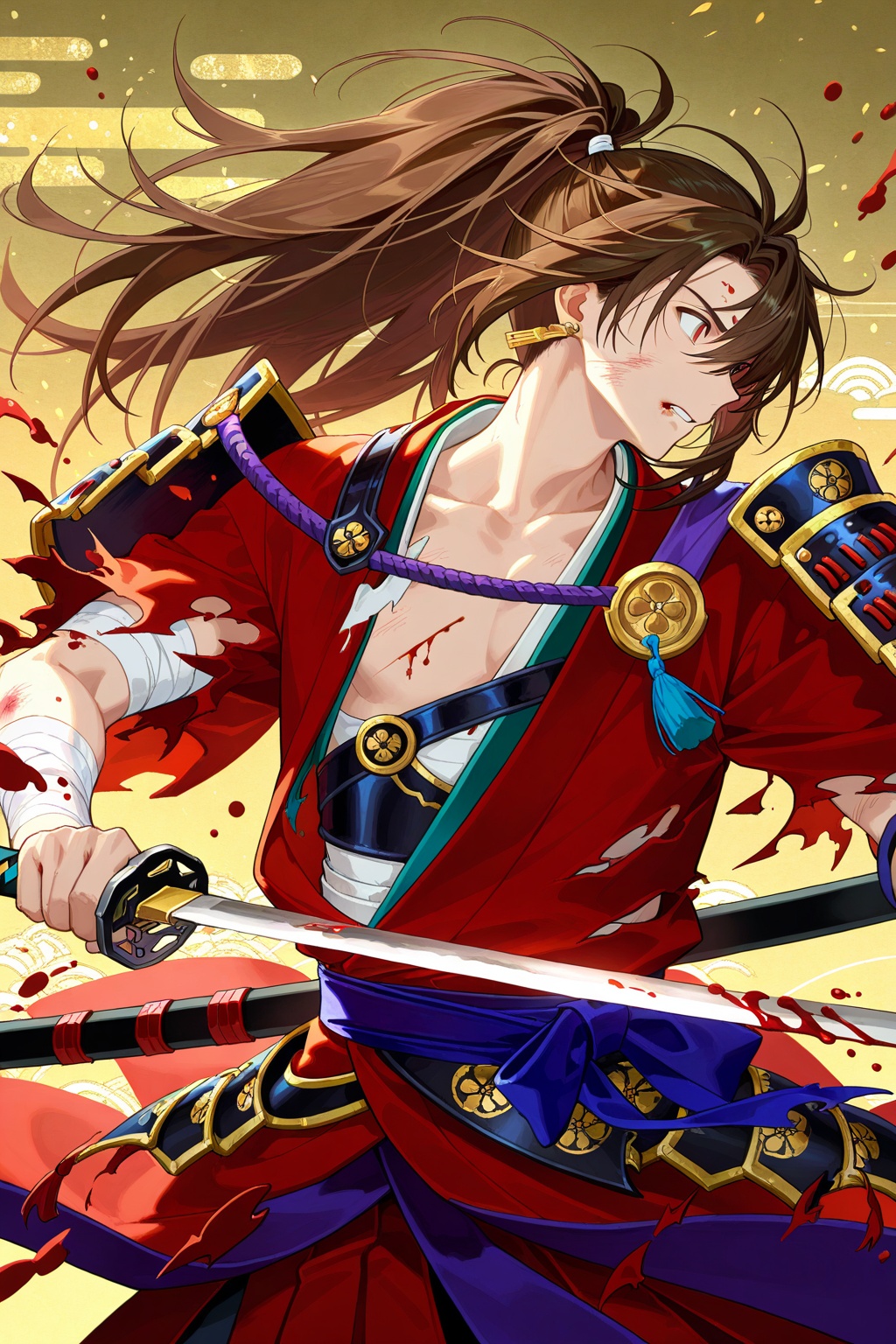 1boy,solo,male focus,brown hair,long hair,ponytail,bandages,blood,armor,japanese armor,japanese clothes,shoulder armor,torn clothes,jewelry,weapon,sword,katana,earrings,sode,sheath,injury,