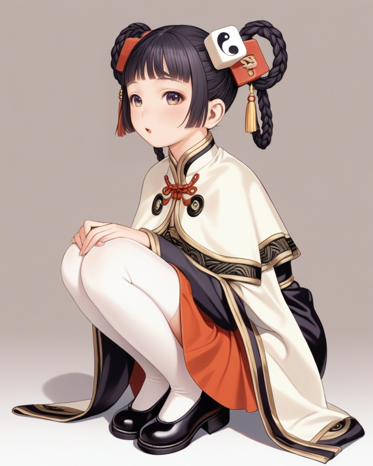 (best quality), ((masterpiece)), (highres), illustration, original, extremely detailed, <lora:lianshi-000004:0.7>1girl, solo, squatting, braid, long sleeves, looking at viewer, full body, white background, black hair, chinese clothes, bangs, twin braids, simple background, hair ornament, white thighhighs, blush, from side, sleeves past wrists, thighhighs, raised eyebrows, wide sleeves, shoes, mahjong tile, hair rings, yin yang, mahjong, black footwear, capelet, dress, breasts, :o, open mouth, turtleneck, short hair, parted lips, swept bangs