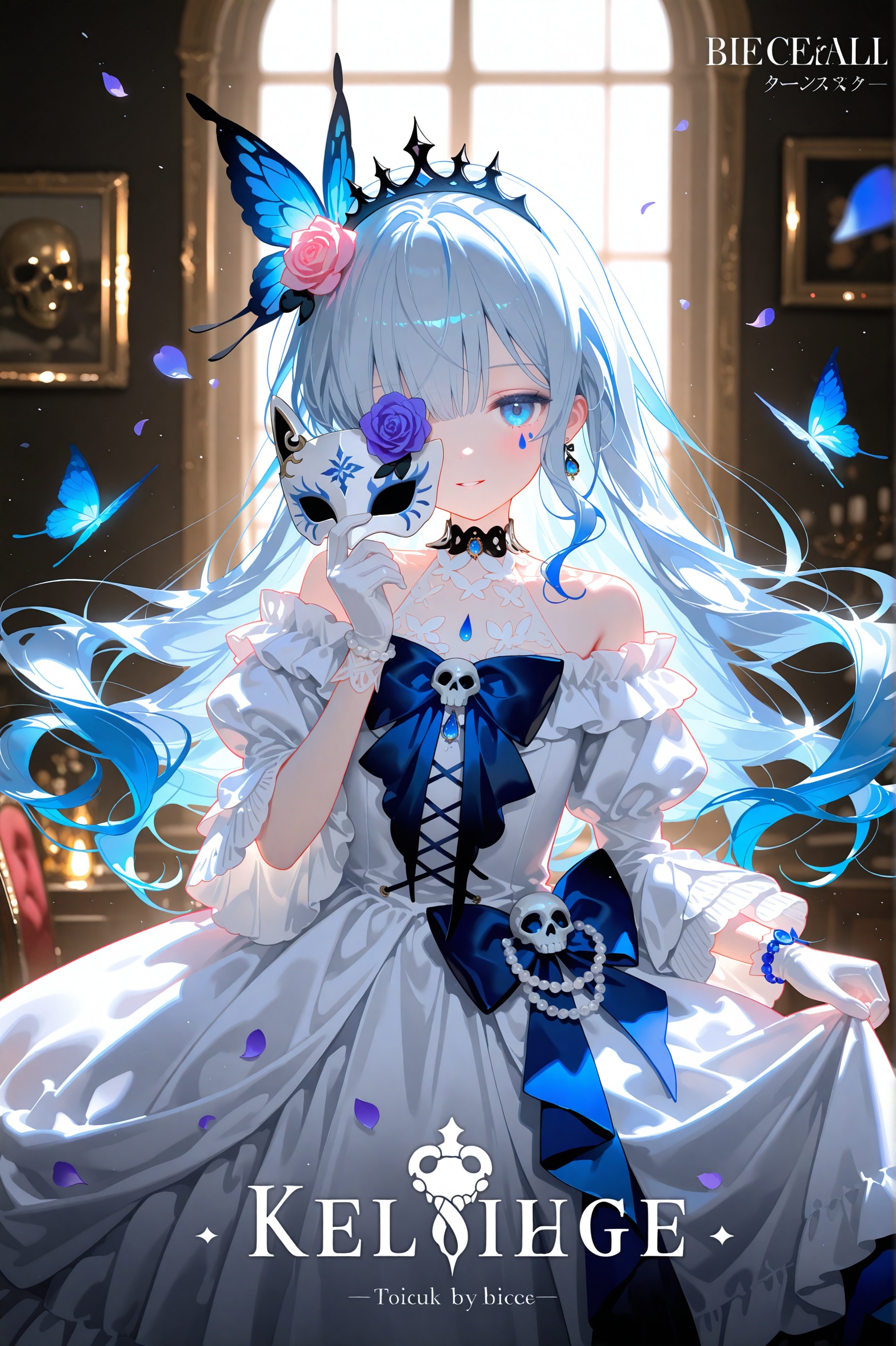 masterpiece,best quality,high quality,loli,chromatic_aberration,//,loli,1girl,flower,dress,blue hair,album cover,dress flower,rose,blue eyes,mask,hair flower,cover,long hair,hair ornament,white dress,white rose,holding mask,white flower,blue flower,butterfly,solo,eye mask,blue rose,bug,crown,song name,smile,jewelry,gown,looking at viewer,skirt hold,cover page,frilled dress,off-shoulder dress,frills,bare shoulders,flower over eye,blue butterfly,holding,light blue hair,earrings,sparkle,bow,skull,indoors,parted lips,petals,detached sleeves,blue bow,dress bow,half mask,mirror,off shoulder,puffy sleeves,one eye covered,long sleeves,very long hair,tiara,skull mask,unworn mask,wavy hair,choker,purple rose,animal head,picture frame,utaite,juliet sleeves,blue ribbon,feathers,ribbon,bracelet,chair,cross-laced clothes,falling petals,long dress,facial mark,princess,white sleeves,pink rose,teardrop facial mark,flower brooch,novel cover,standing,flower earrings,card,copyright name,pearl bracelet,pink flower,white mask,clothes lift,tattoo,cape,knight,hand up,closed mouth,layered dress,lolita fashion,butterfly hair ornament,purple flower,cross-laced dress,covering one eye,sidelocks,holding skull,halterneck,playing card,facial tattoo,purple butterfly,heart,wide sleeves,doujin cover,domino mask,eyepatch,bone,1other,floating hair,gloves,gem,//,year_2023,year_2024,year_2025,official art,depth of field,detailed light,blurry background,cinematic lighting,ray tracing,amazing quality,very aesthetic,absurdres,beast quality,ultra detailed,god rays,backlighting,photo background,film grain,chromatic aberration,volumetric lighting,depth of field,blurry background,shiny skin,cinematic lighting,day,very aesthetic,