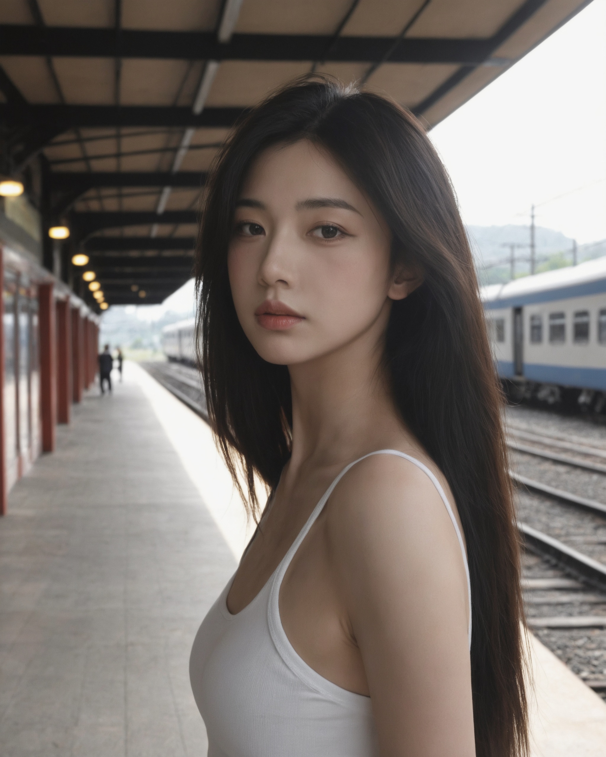train station, scenery, solo, standing, train interior, train, sunlight, railroad tracks, window,1girl, solo, long hair, black hair, looking at viewer, realistic, blurry, upper body, lips, blurry background, black eyes, outdoors, closed mouth,**** top, navel, bare shoulders,photoshop \(medium\), realistic,best quality, high quality,  <lora:xiaohongshumerge:1>