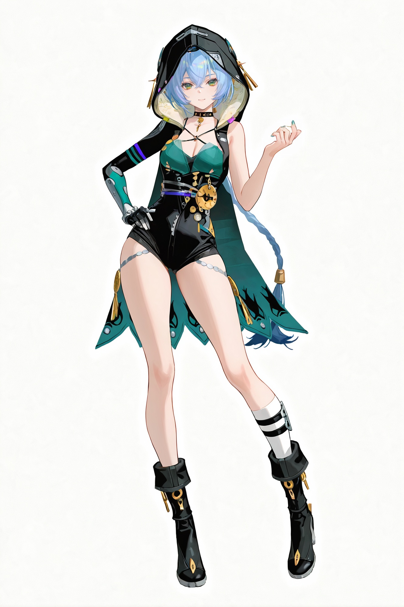 8k,best quality,masterpiece,(ultra-detailed),(high detailed skin),((artist:reoen),(artist:fuzichoco),(artist:atdan),(artist:torino_aqua),year 2024:0.8)1girl,[artist:wlop],[artist:ningen_mame],artist:ciloranko,[[artist:rhasta]],artist:tidsean,colorful,full body,full shot,standing,(solo:1.2),simple background,(white background:1.2),hand on own hip,(white background:1.1),looking at viewer,<lora:Lucia-will-Tanger:0.8>,Lucia \(Zenless Zone Zero\),clothes: Luciadef suit,Square-shaped pupils,yellow eyes,Luciadef cape,Luciadef hood,1girl,breasts,green eyes,hood up,boots,single glove,