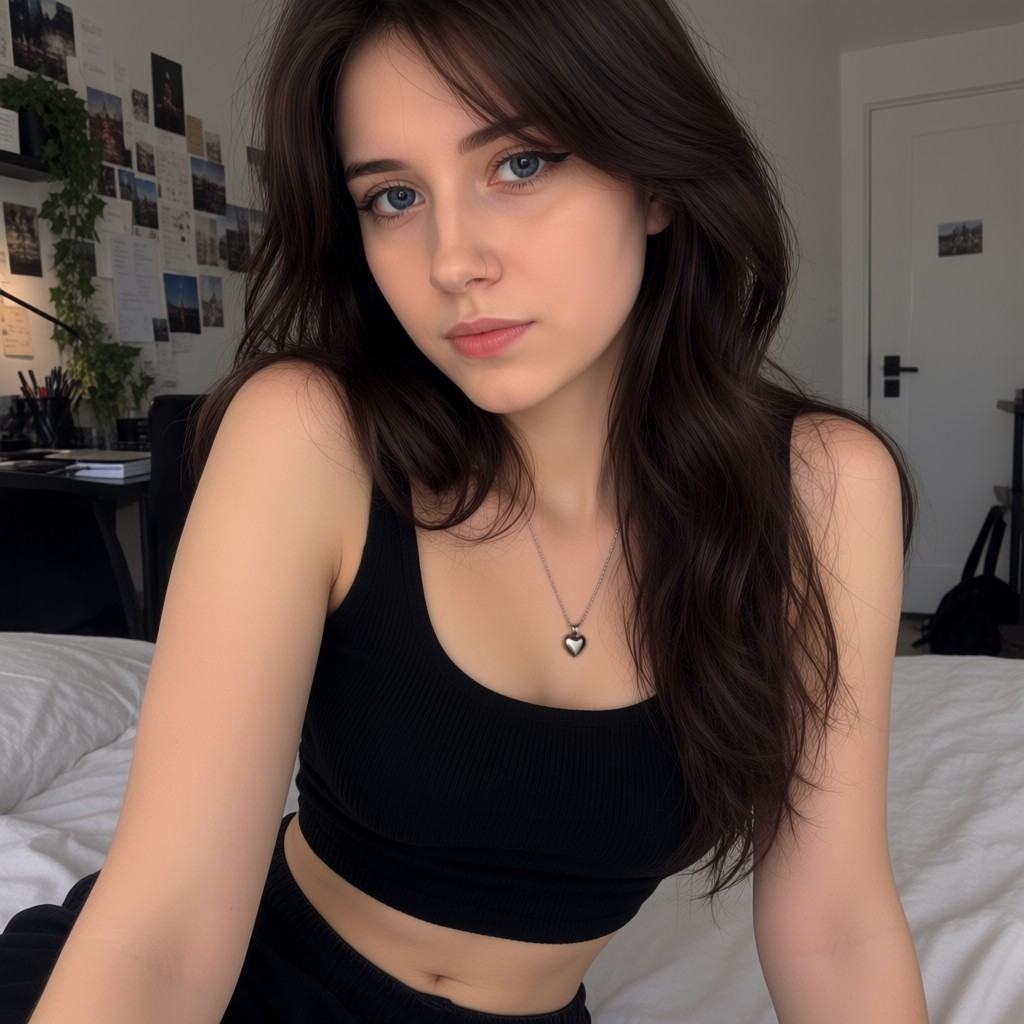 Photograph of a young woman with fair skin and long,  wavy dark brown hair. She has blue eyes,  subtle makeup on Tensor.Art