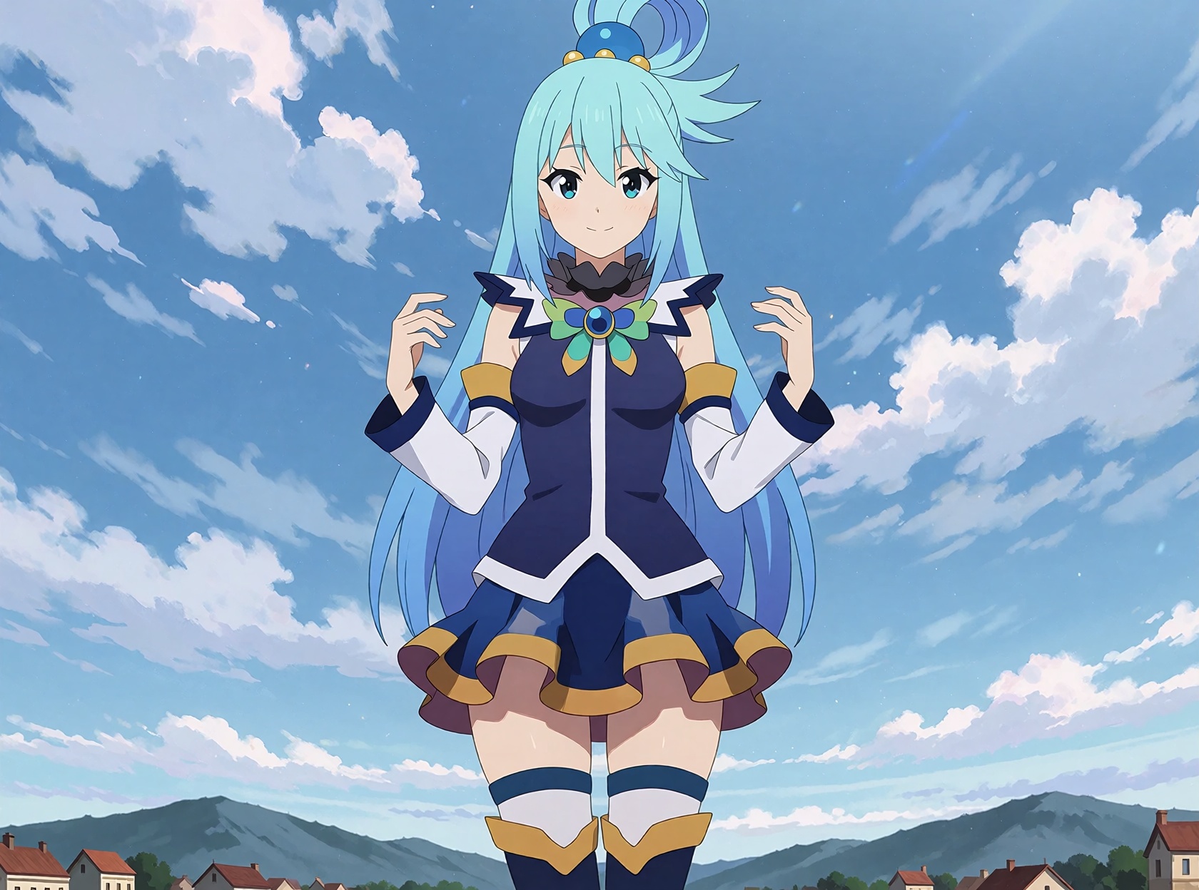 Aqua,  an ***** woman from KonoSuba,  stands full length and faces forward. Long blue hair in a high looping ponytail held...